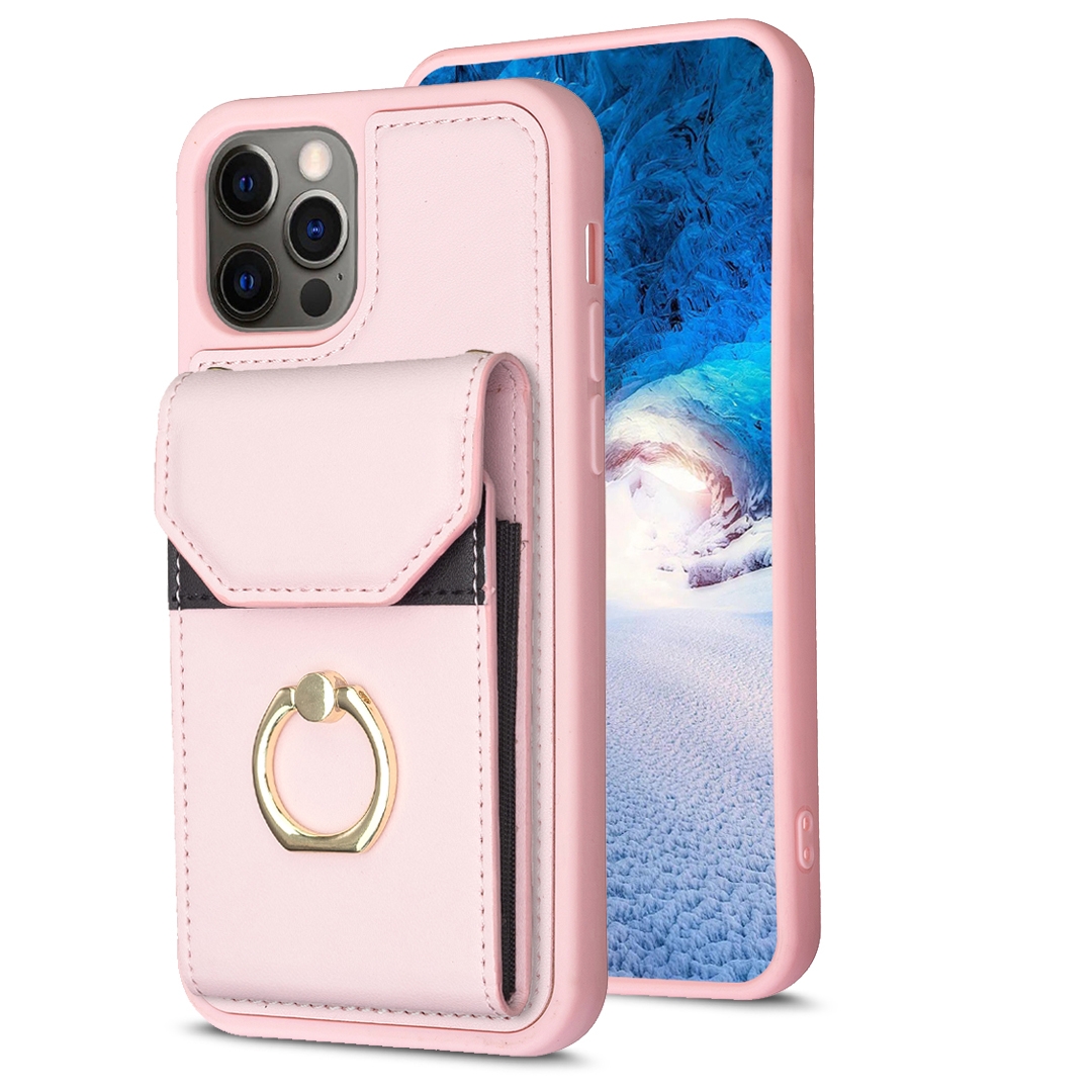For iPhone 12 / 12 Pro BF29 Organ Card Bag Ring Holder Phone Case(Pink) For iPhone 12 / 12 Pro BF29 Organ Card Bag Ring Holder Phone Case(Pink)