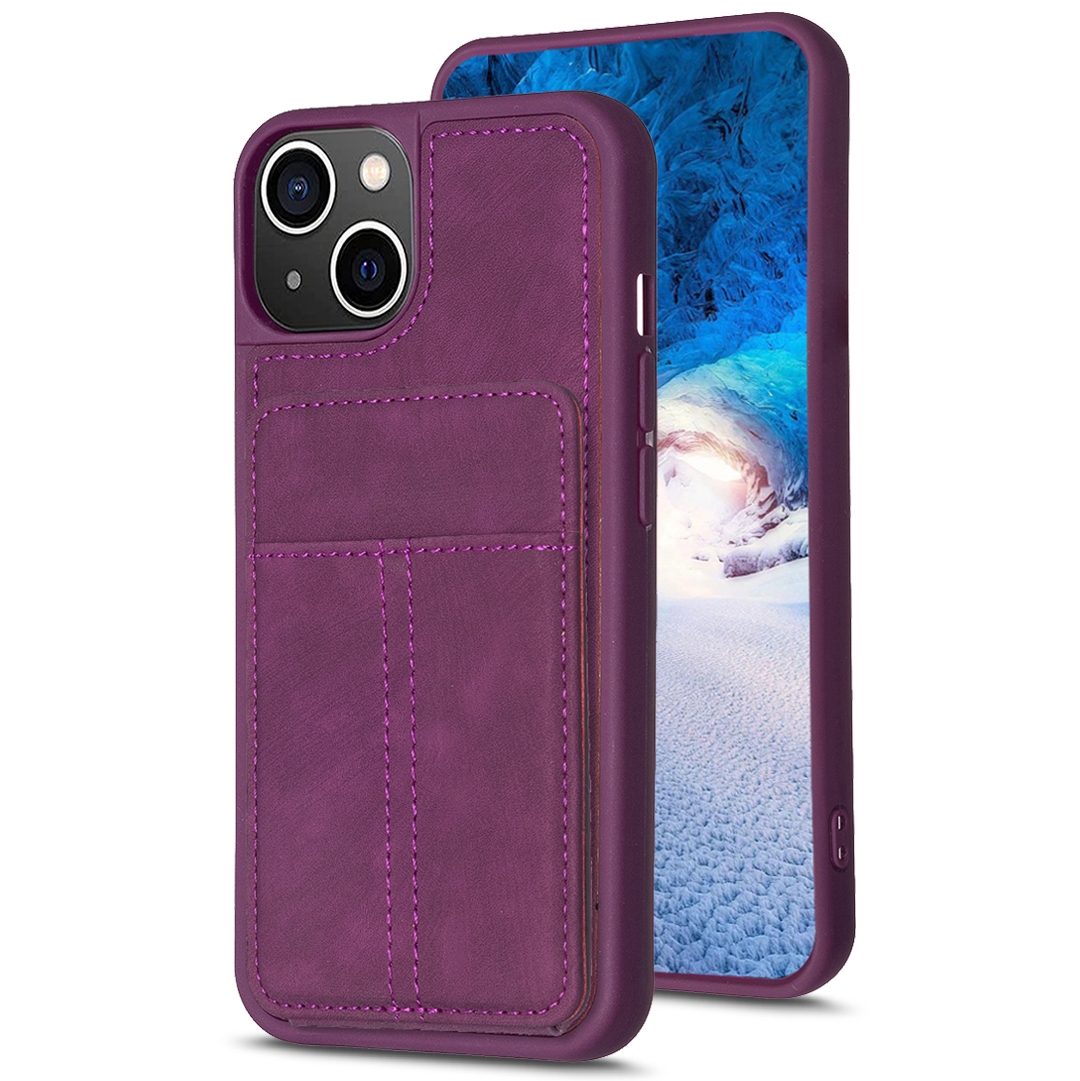 For iPhone 14 / 13 BF28 Frosted Card Bag Phone Case with Holder(Dark Purple)