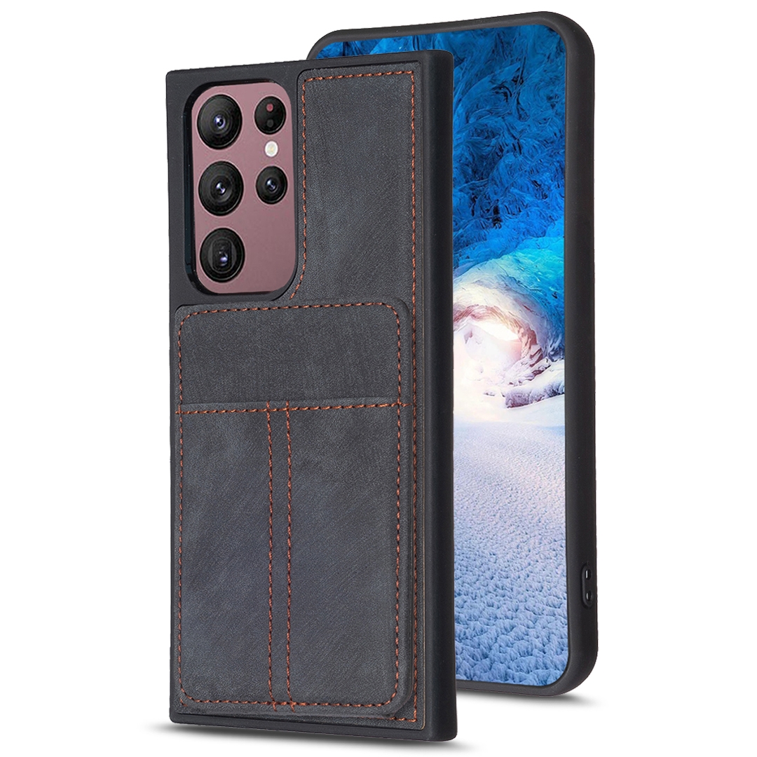 For Samsung Galaxy S22 Ultra 5G BF28 Frosted Card Bag Phone Case with Holder(Black)