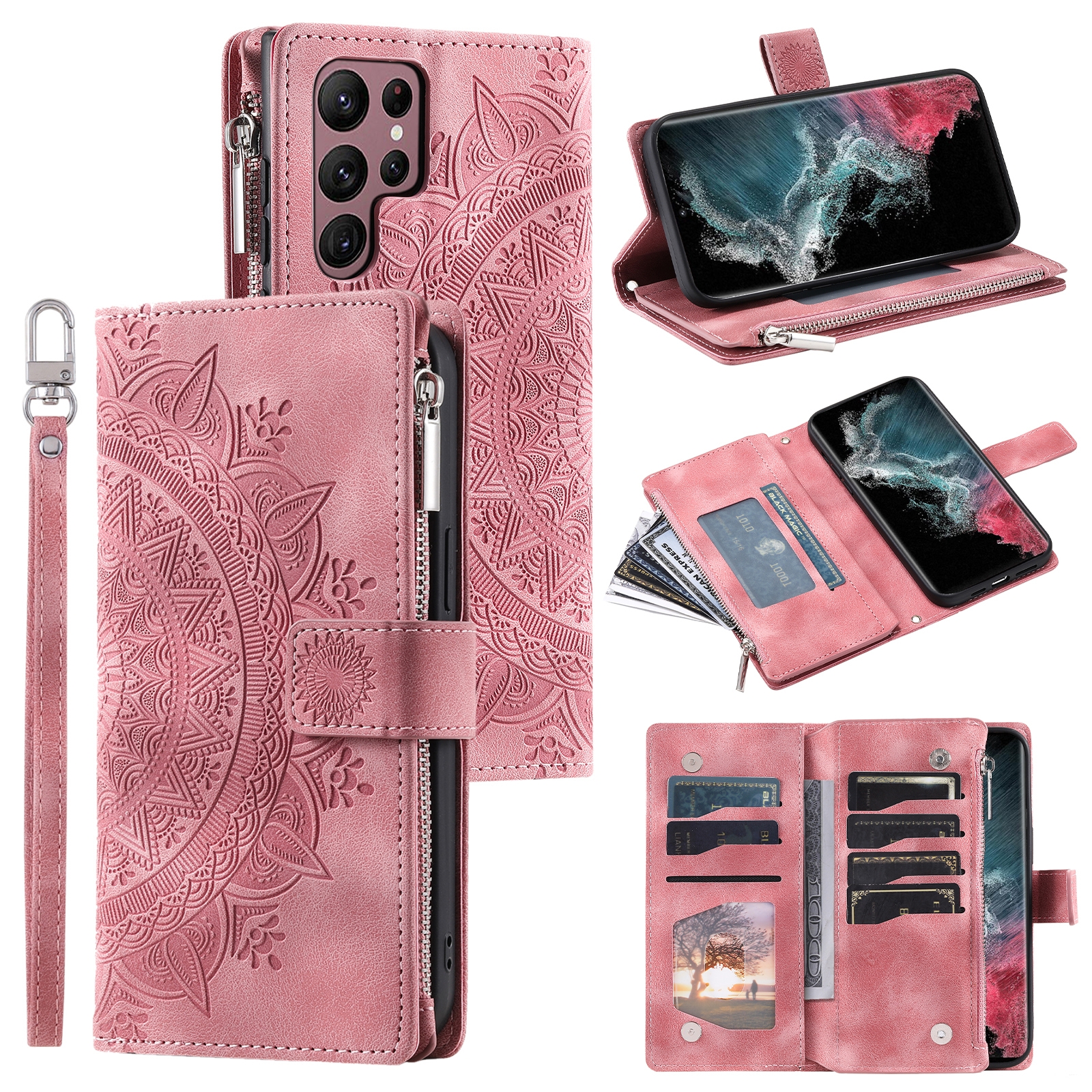 For Samsung Galaxy S23 Ultra 5G Multi-Card Totem Zipper Leather Phone Case(Pink) For Samsung Galaxy S23 Ultra 5G Multi-Card Totem Zipper Leather Phone Case(Pink)