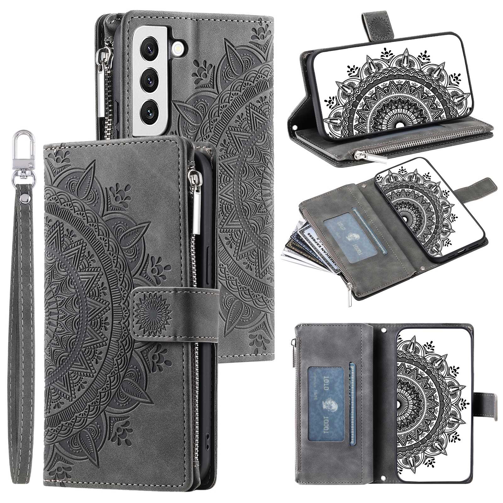 For Samsung Galaxy S22 5G Multi-Card Totem Zipper Leather Phone Case(Grey) For Samsung Galaxy S22 5G Multi-Card Totem Zipper Leather Phone Case(Grey)