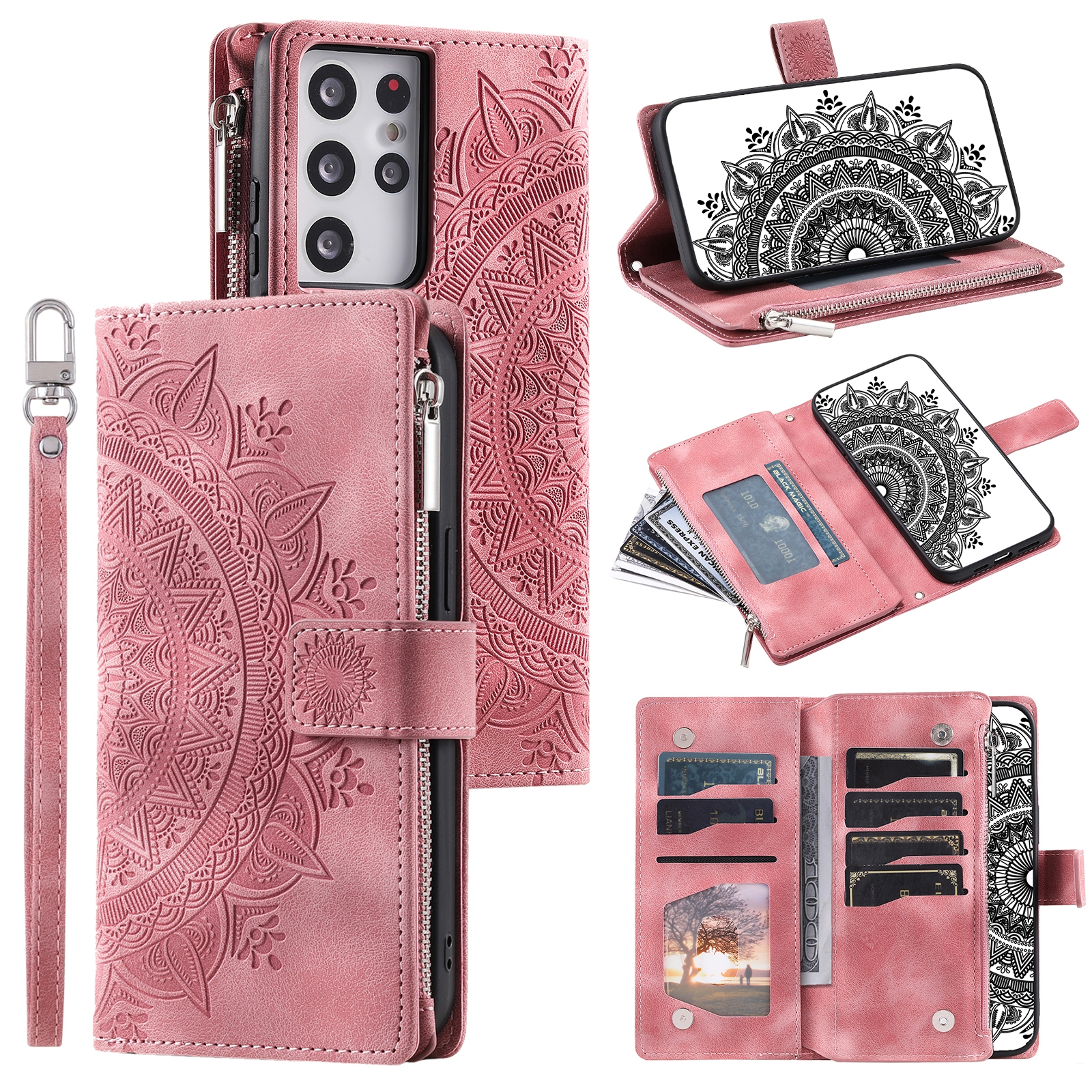 For Samsung Galaxy S21 Ultra 5G Multi-Card Totem Zipper Leather Phone Case(Pink) For Samsung Galaxy S21 Ultra 5G Multi-Card Totem Zipper Leather Phone Case(Pink)