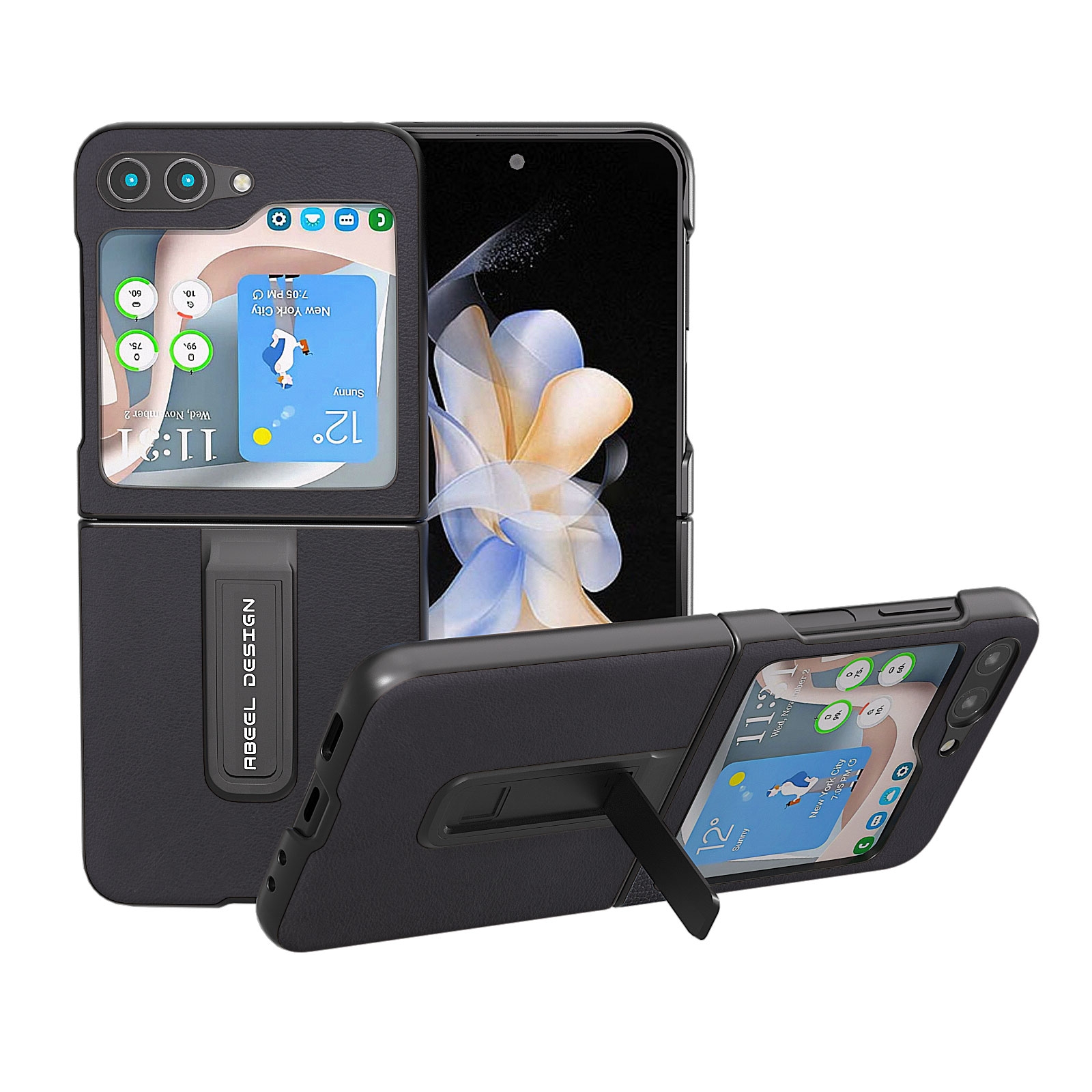 For Samsung Galaxy Z Flip5 ABEEL Arashi Texture PU Phone Case with Holder(Black) For Samsung Galaxy Z Flip5 ABEEL Arashi Texture PU Phone Case with Holder(Black)