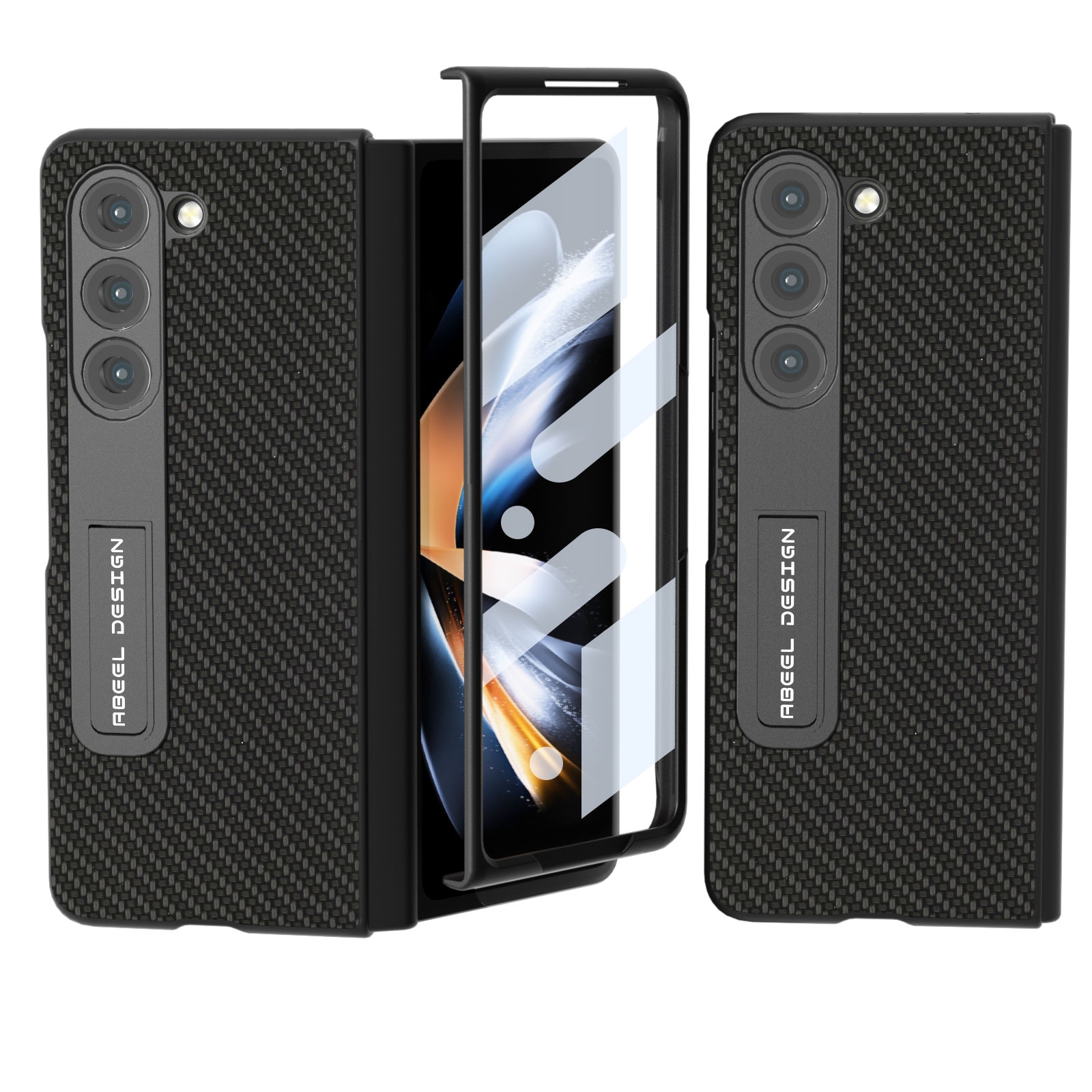 For Samsung Galaxy Z Fold5 ABEEL Integrated Carbon Fiber Texture Protective Phone Case with Holder(Black) For Samsung Galaxy Z Fold5 ABEEL Integrated Carbon Fiber Texture Protective Phone Case with Holder(Black)