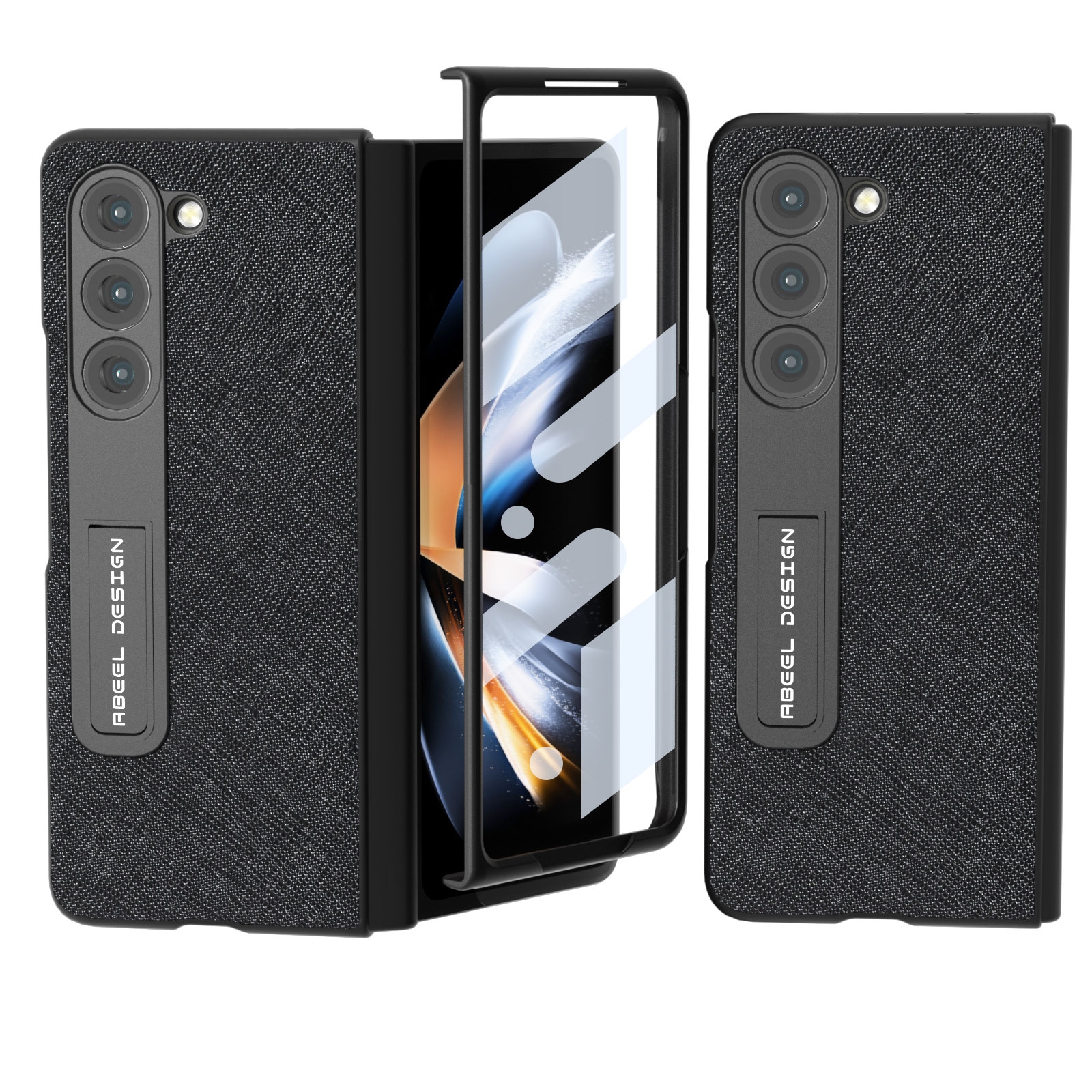 For Samsung Galaxy Z Fold5 ABEEL Integrated Cross Texture Genuine Leather Phone Case with Holder(Black) For Samsung Galaxy Z Fold5 ABEEL Integrated Cross Texture Genuine Leather Phone Case with Holder(Black)