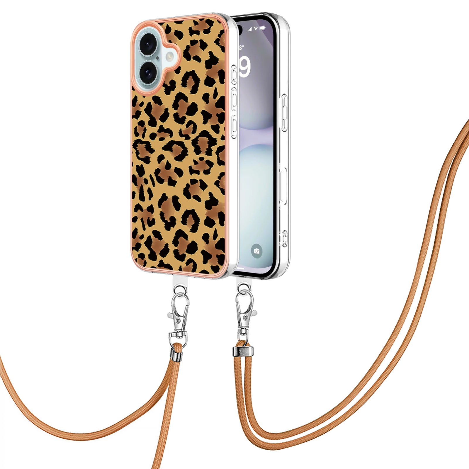 For iPhone 16 Electroplating Dual-side IMD Phone Case with Lanyard(Leopard Print) For iPhone 16 Electroplating Dual-side IMD Phone Case with Lanyard(Leopard Print)