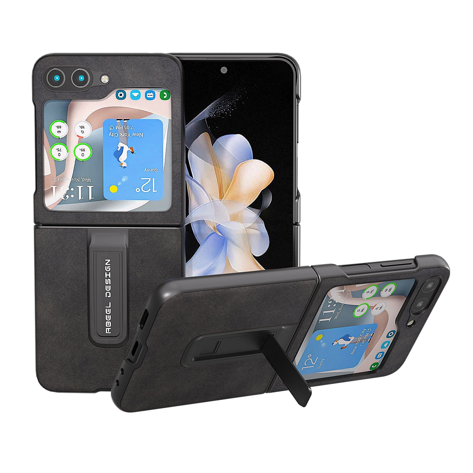For Samsung Galaxy Z Flip5 ABEEL Two-color Calf Texture PU Phone Case with Holder(Black) For Samsung Galaxy Z Flip5 ABEEL Two-color Calf Texture PU Phone Case with Holder(Black)