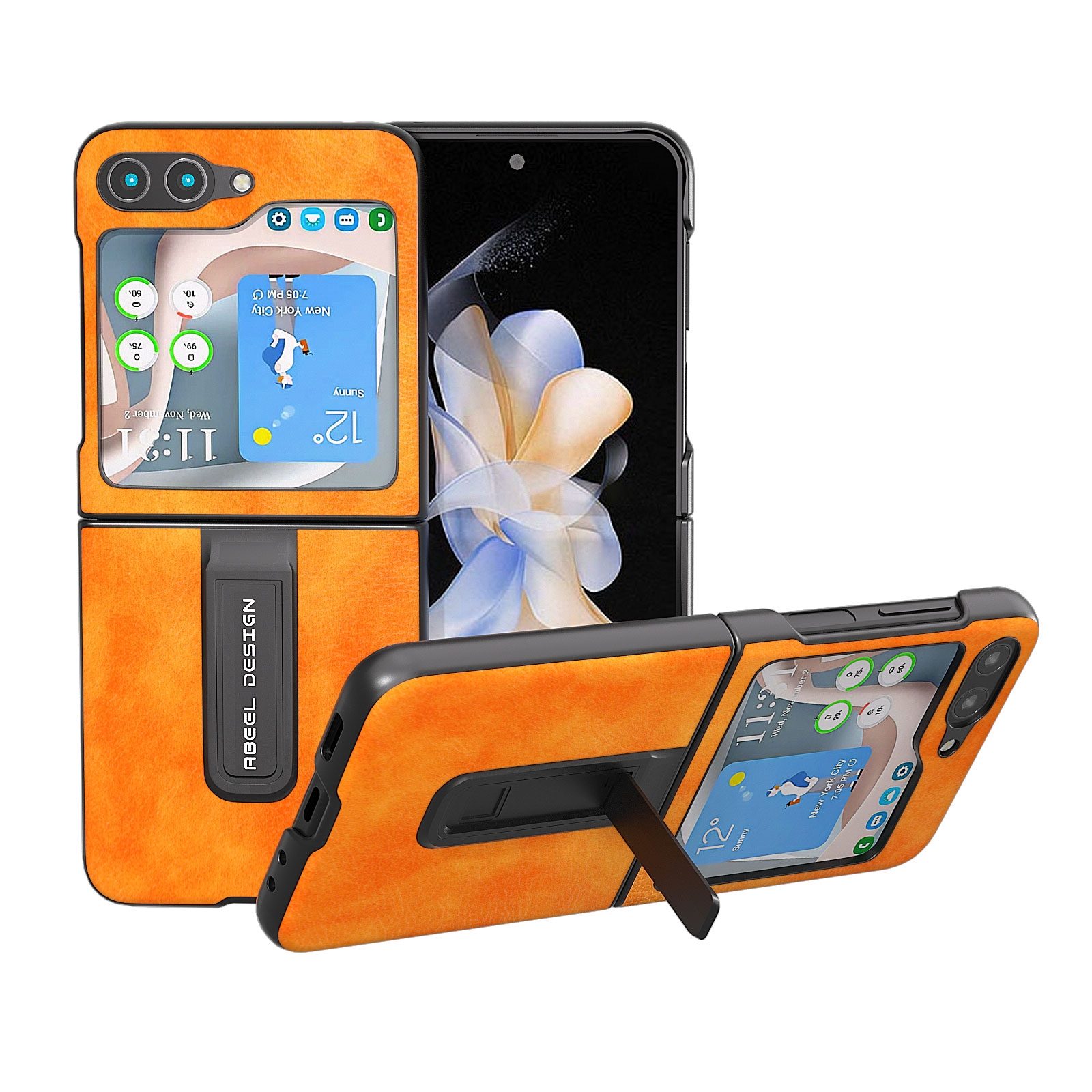 For Samsung Galaxy Z Flip5 ABEEL Dual Color Lichi Texture PU Phone Case with Holder(Orange) For Samsung Galaxy Z Flip5 ABEEL Dual Color Lichi Texture PU Phone Case with Holder(Orange)