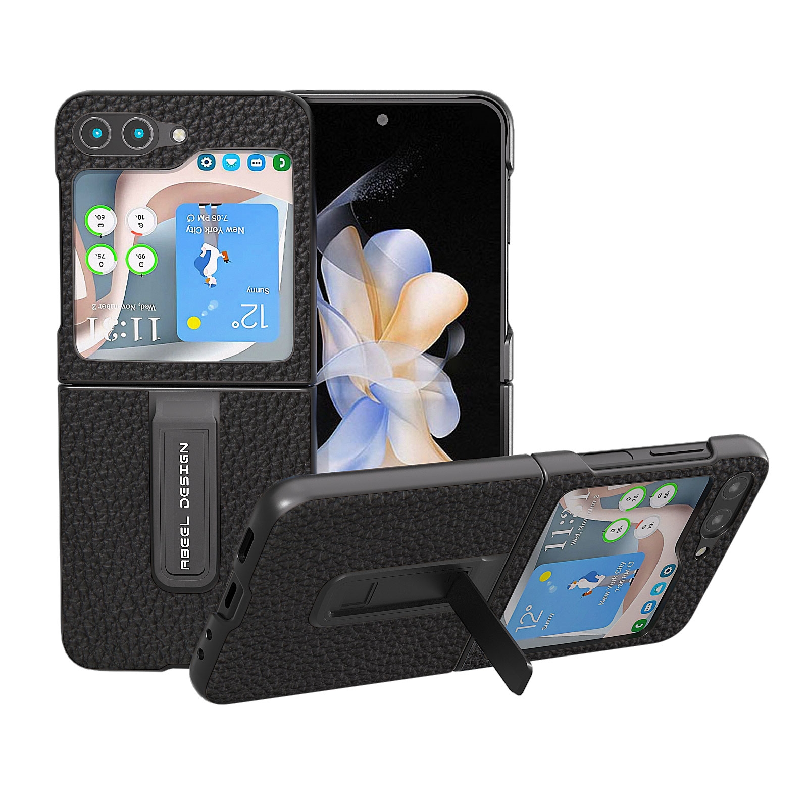 For Samsung Galaxy Z Flip5 ABEEL Genuine Leather Litchi Texture Phone Case with Holder(Black) For Samsung Galaxy Z Flip5 ABEEL Genuine Leather Litchi Texture Phone Case with Holder(Black)