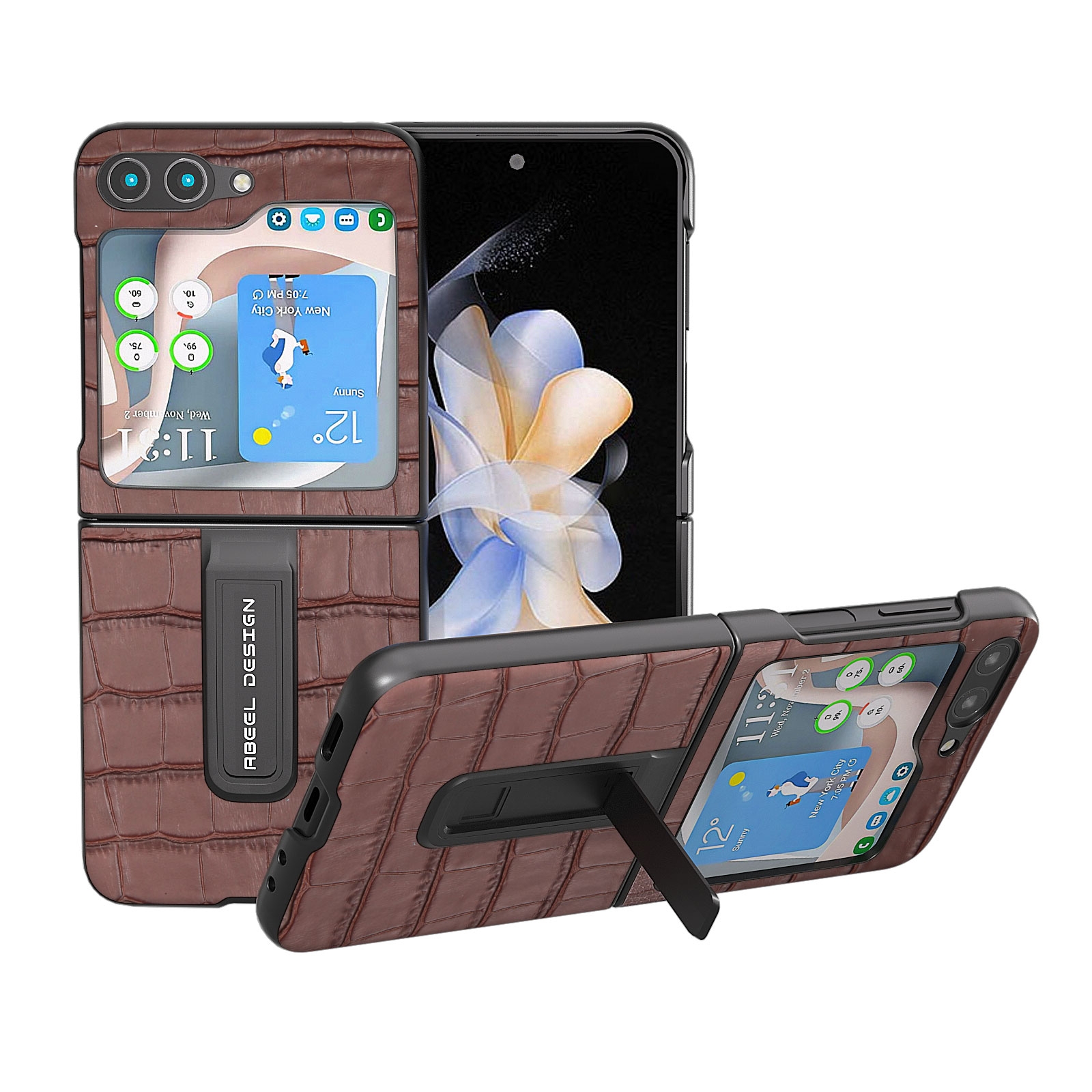 For Samsung Galaxy Z Flip5 ABEEL Crocodile Texture Genuine Leather Phone Case with Holder(Brown) For Samsung Galaxy Z Flip5 ABEEL Crocodile Texture Genuine Leather Phone Case with Holder(Brown)