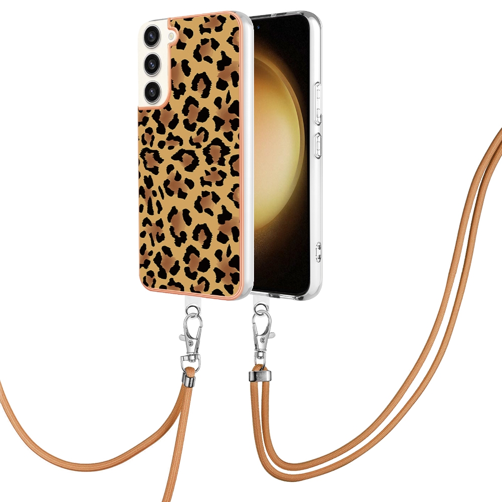 For Samsung Galaxy S22+ 5G Electroplating Dual-side IMD Phone Case with Lanyard(Leopard Print)