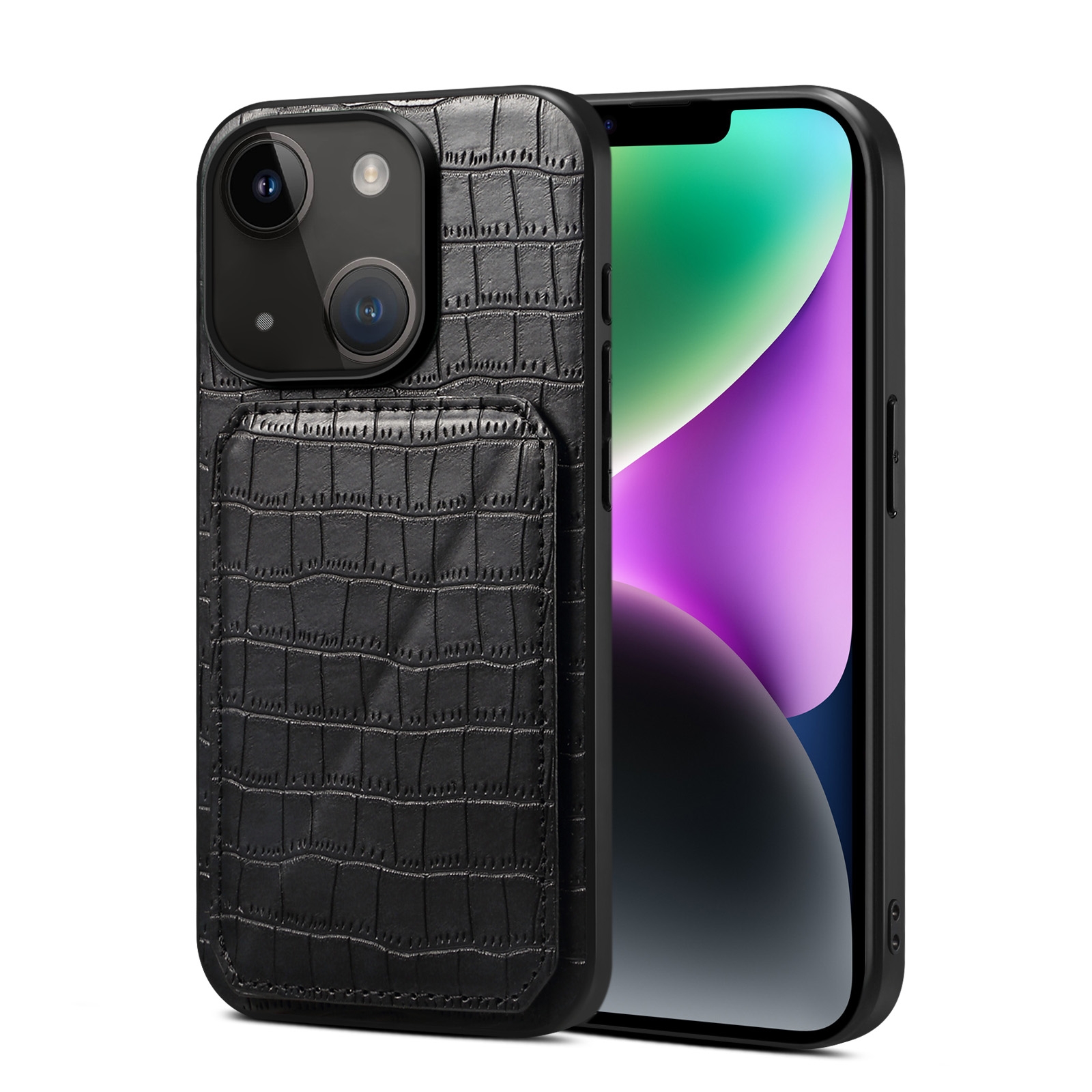For iPhone 15 Plus Imitation Crocodile Leather Back Phone Case with Holder(Black) For iPhone 15 Plus Imitation Crocodile Leather Back Phone Case with Holder(Black)