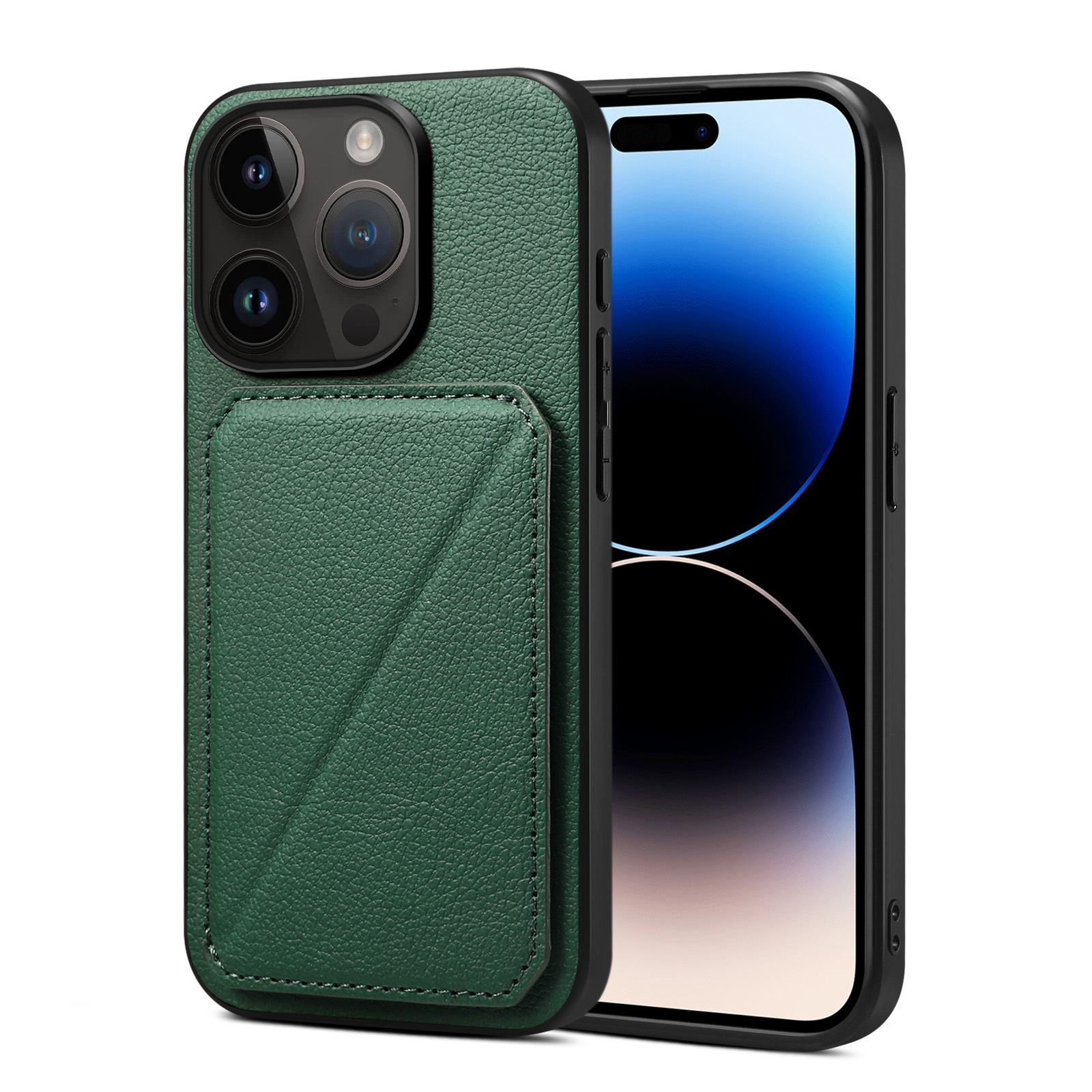 For iPhone 15 Pro Imitation Calfskin Leather Back Phone Case with Holder(Green) For iPhone 15 Pro Imitation Calfskin Leather Back Phone Case with Holder(Green)