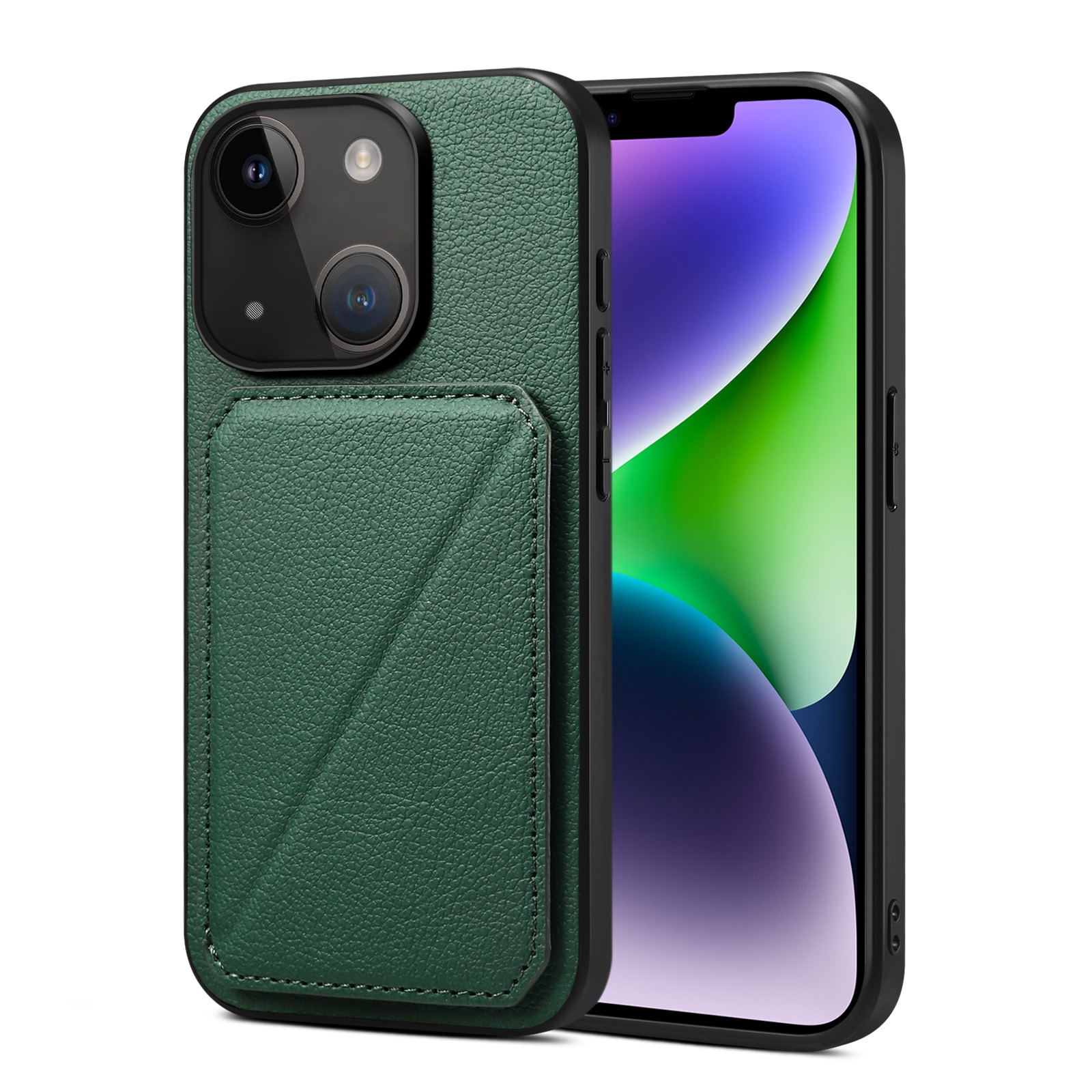 For iPhone 15 Plus Imitation Calfskin Leather Back Phone Case with Holder(Green) For iPhone 15 Plus Imitation Calfskin Leather Back Phone Case with Holder(Green)