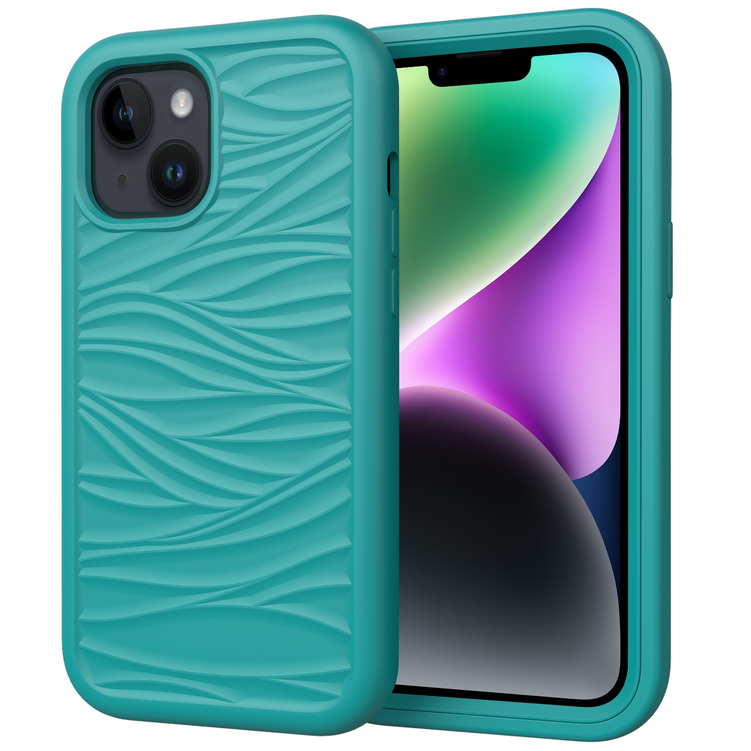 For iPhone 15 Wave Pattern 3 in 1 Silicone + PC Phone Case(Dark Sea Green) For iPhone 15 Wave Pattern 3 in 1 Silicone + PC Phone Case(Dark Sea Green)