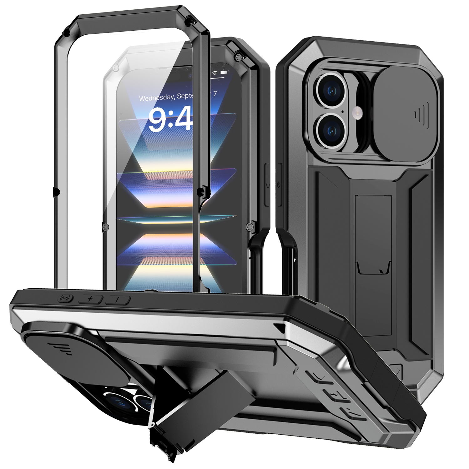 For iPhone 16 Plus R-JUST Sliding Camera IP54 Life Waterproof Holder Phone Case(Black) For iPhone 16 Plus R-JUST Sliding Camera IP54 Life Waterproof Holder Phone Case(Black)