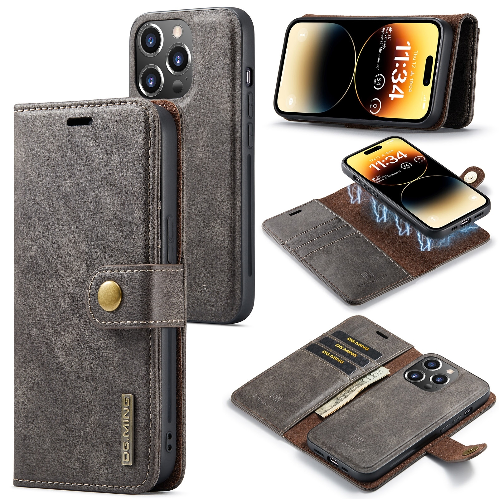 For iPhone 15 Pro DG.MING Crazy Horse Texture Detachable Magnetic Leather Phone Case(Grey) For iPhone 15 Pro DG.MING Crazy Horse Texture Detachable Magnetic Leather Phone Case(Grey)