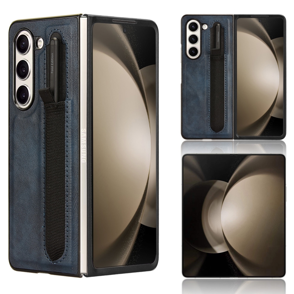 For Samsung Galaxy Z Fold5 Vintage Texture Phone Case with Pen Slot(Blue) For Samsung Galaxy Z Fold5 Vintage Texture Phone Case with Pen Slot(Blue)