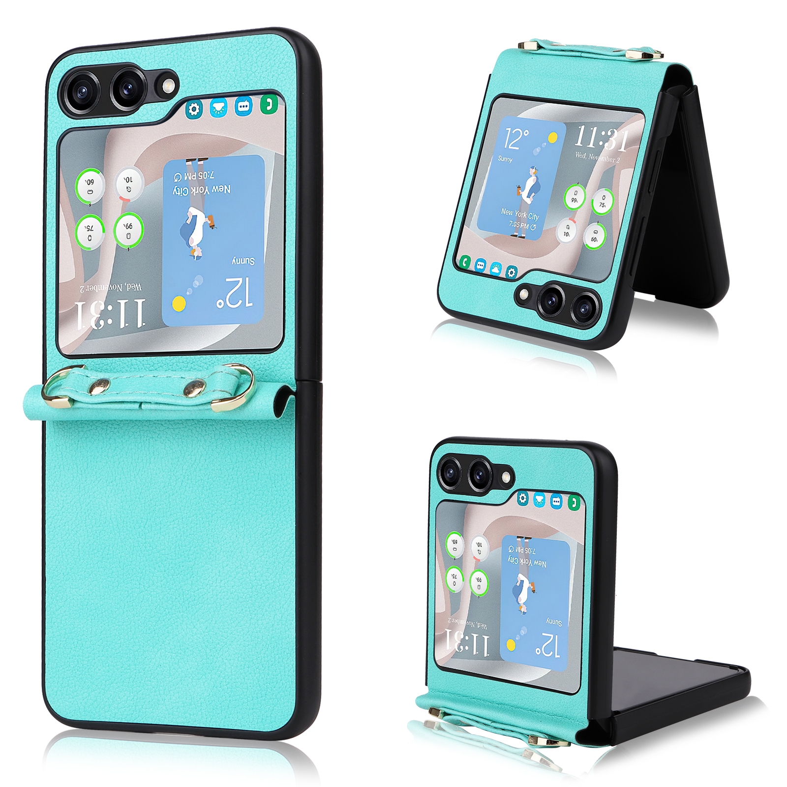 For Samsung Galaxy Z Flip5 5G Lambskin Texture Leather Phone Case with Lanyard(Mint Green)