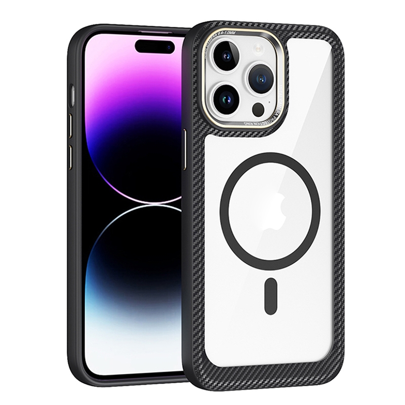 For iPhone 15 Pro MagSafe Carbon Fiber Transparent Back Panel Phone Case(Black +Transparent)