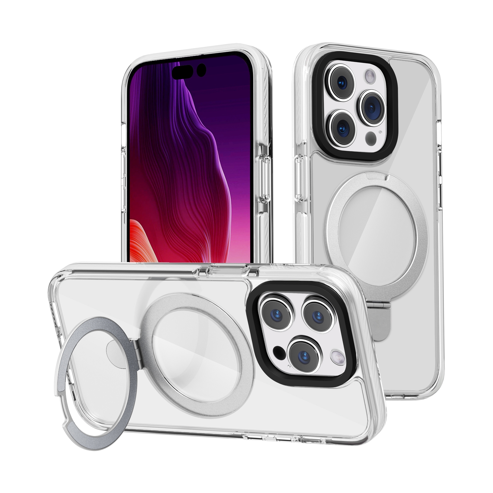 For iPhone 15 Pro Kingsteel Wolf MagSafe Holder Transparent Phone Case(White) For iPhone 15 Pro Kingsteel Wolf MagSafe Holder Transparent Phone Case(White)