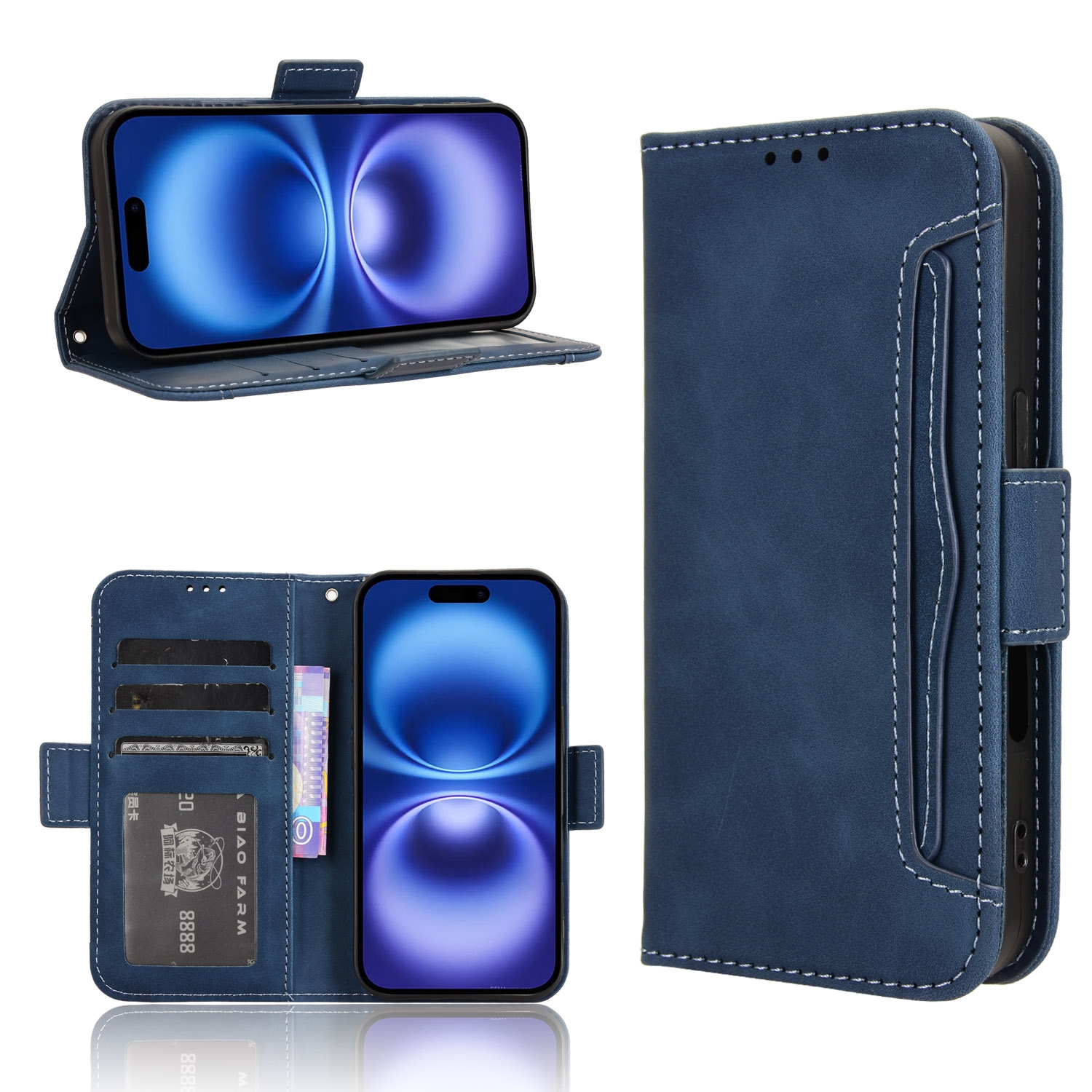 For iPhone 16 Plus Skin Feel Calf Texture Card Slots Leather Phone Case(Blue) For iPhone 16 Plus Skin Feel Calf Texture Card Slots Leather Phone Case(Blue)