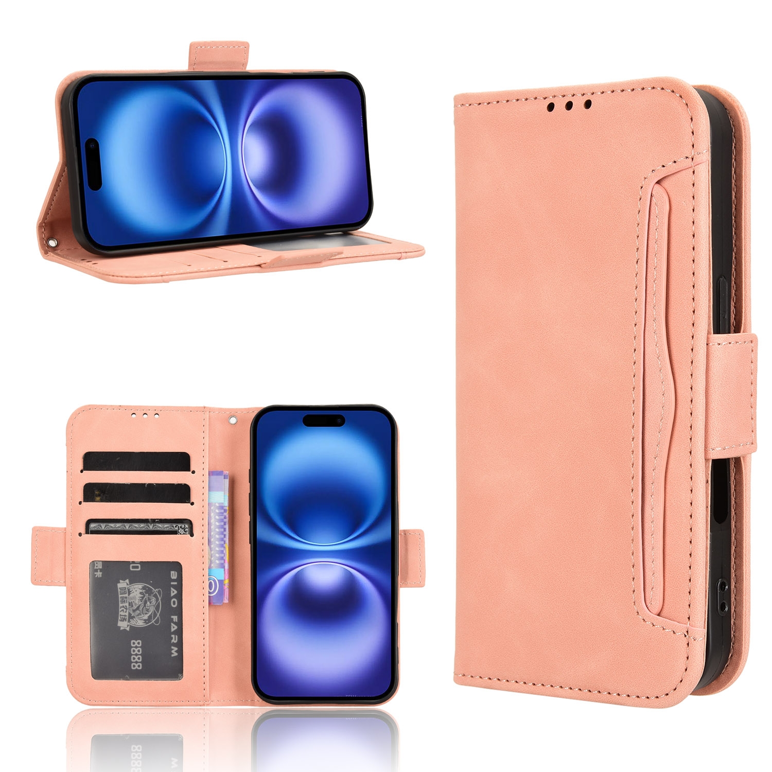 For iPhone 16 Skin Feel Calf Texture Card Slots Leather Phone Case(Pink) For iPhone 16 Skin Feel Calf Texture Card Slots Leather Phone Case(Pink)