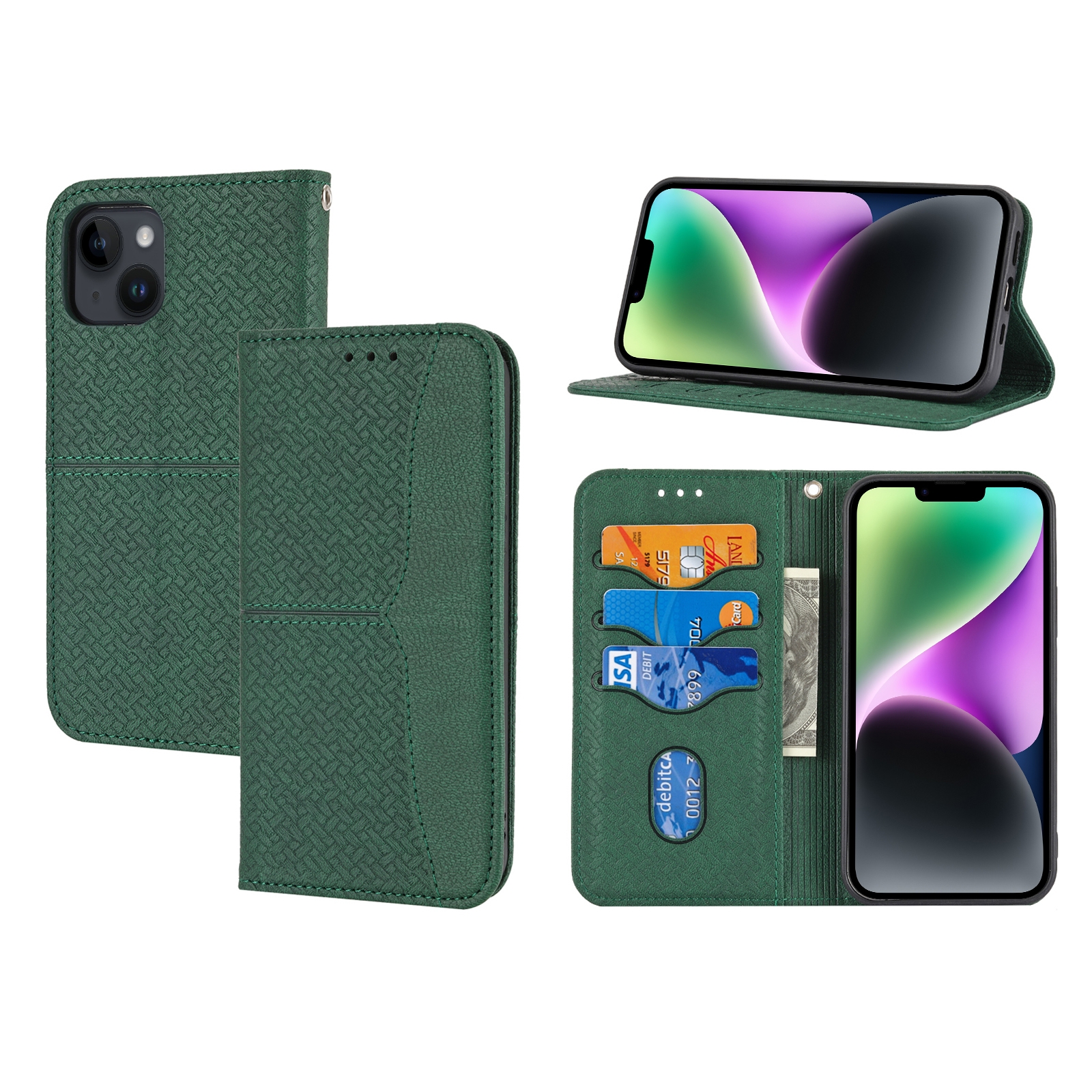 For iPhone 15 Woven Texture Stitching Magnetic Leather Phone Case(Green) For iPhone 15 Woven Texture Stitching Magnetic Leather Phone Case(Green)