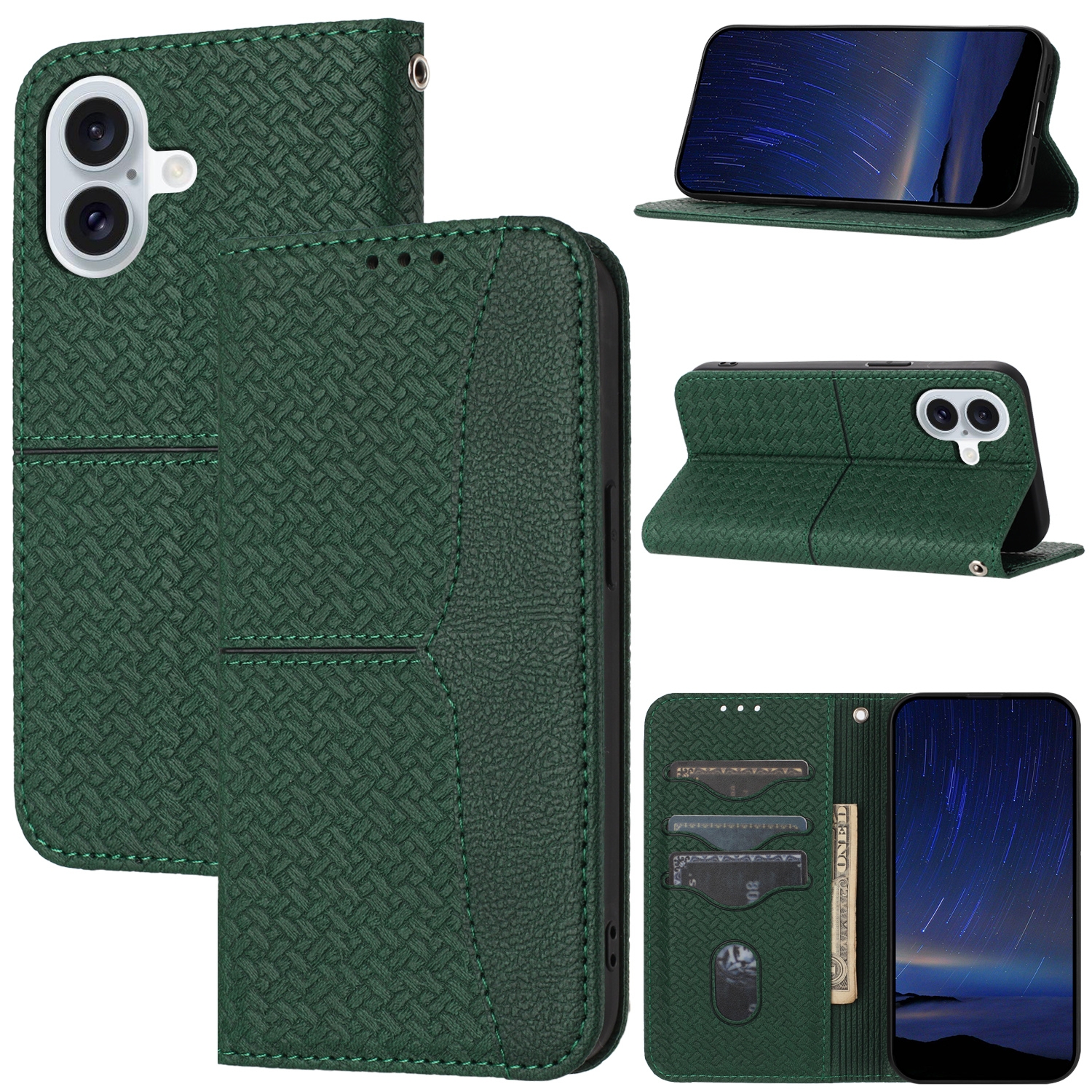 For iPhone 16 Woven Texture Stitching Magnetic Leather Phone Case(Green) For iPhone 16 Woven Texture Stitching Magnetic Leather Phone Case(Green)