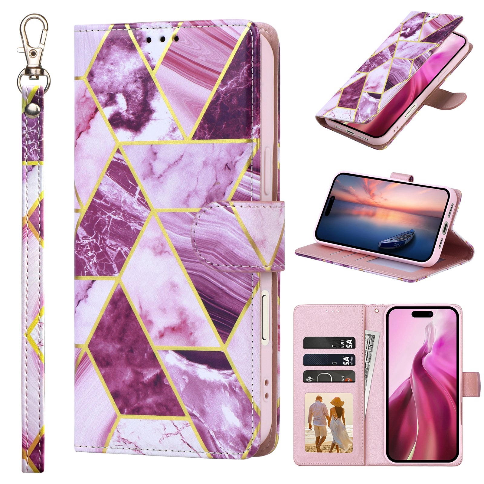For iPhone 16 Marble Bronzing Stitching Leather Phone Case(Purple) For iPhone 16 Marble Bronzing Stitching Leather Phone Case(Purple)