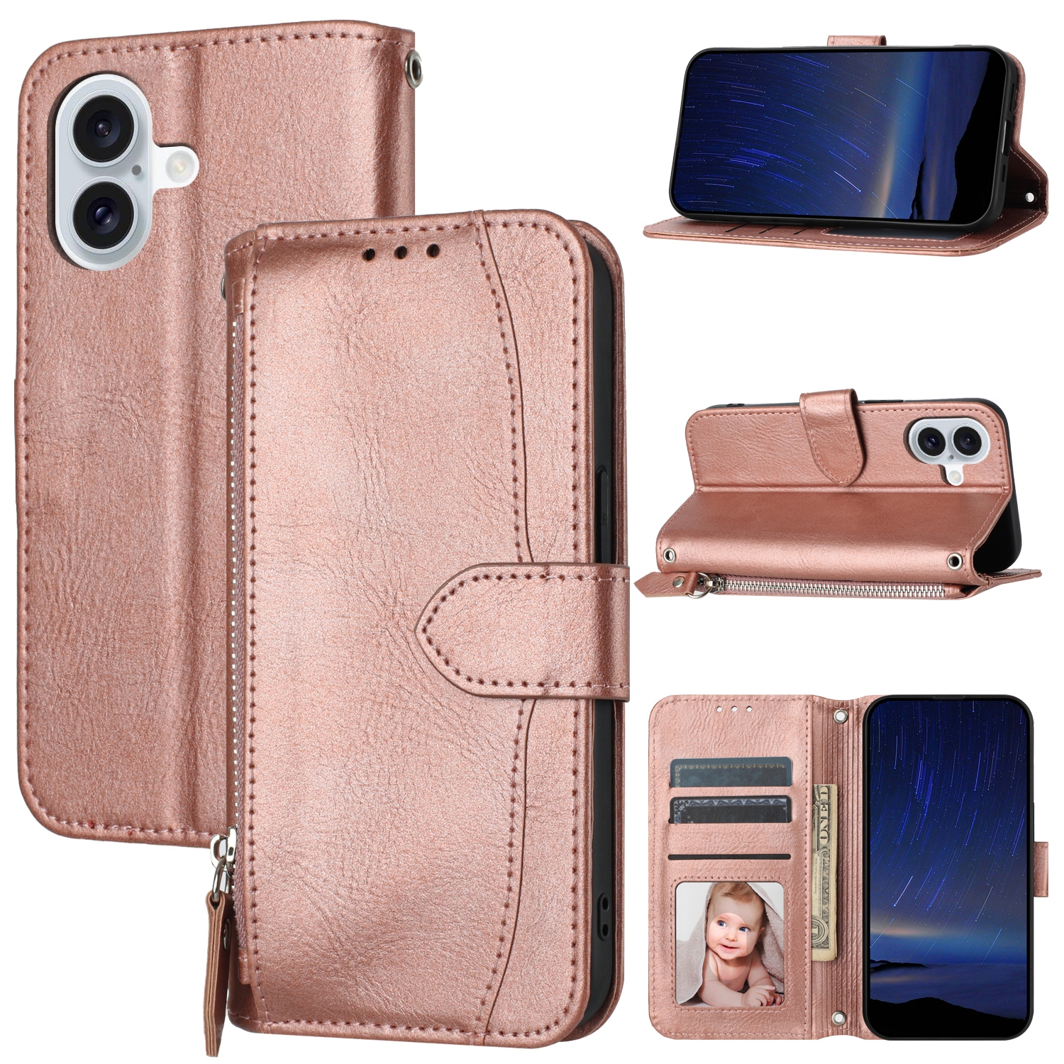 For iPhone 16 Oil Skin Zipper Wallet Leather Phone Case(Rose Gold) For iPhone 16 Oil Skin Zipper Wallet Leather Phone Case(Rose Gold)