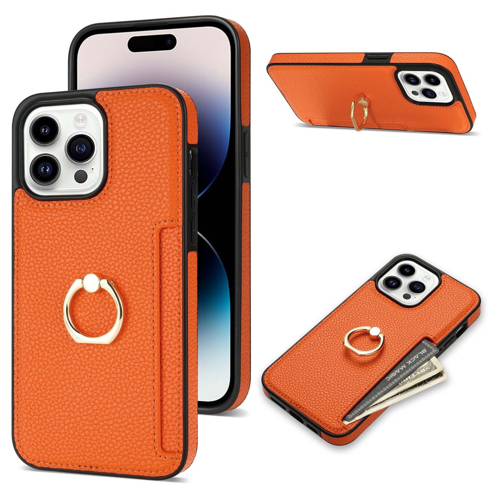 For iPhone 15 Pro Ring Card Litchi Leather Back Phone Case(Orange) For iPhone 15 Pro Ring Card Litchi Leather Back Phone Case(Orange)