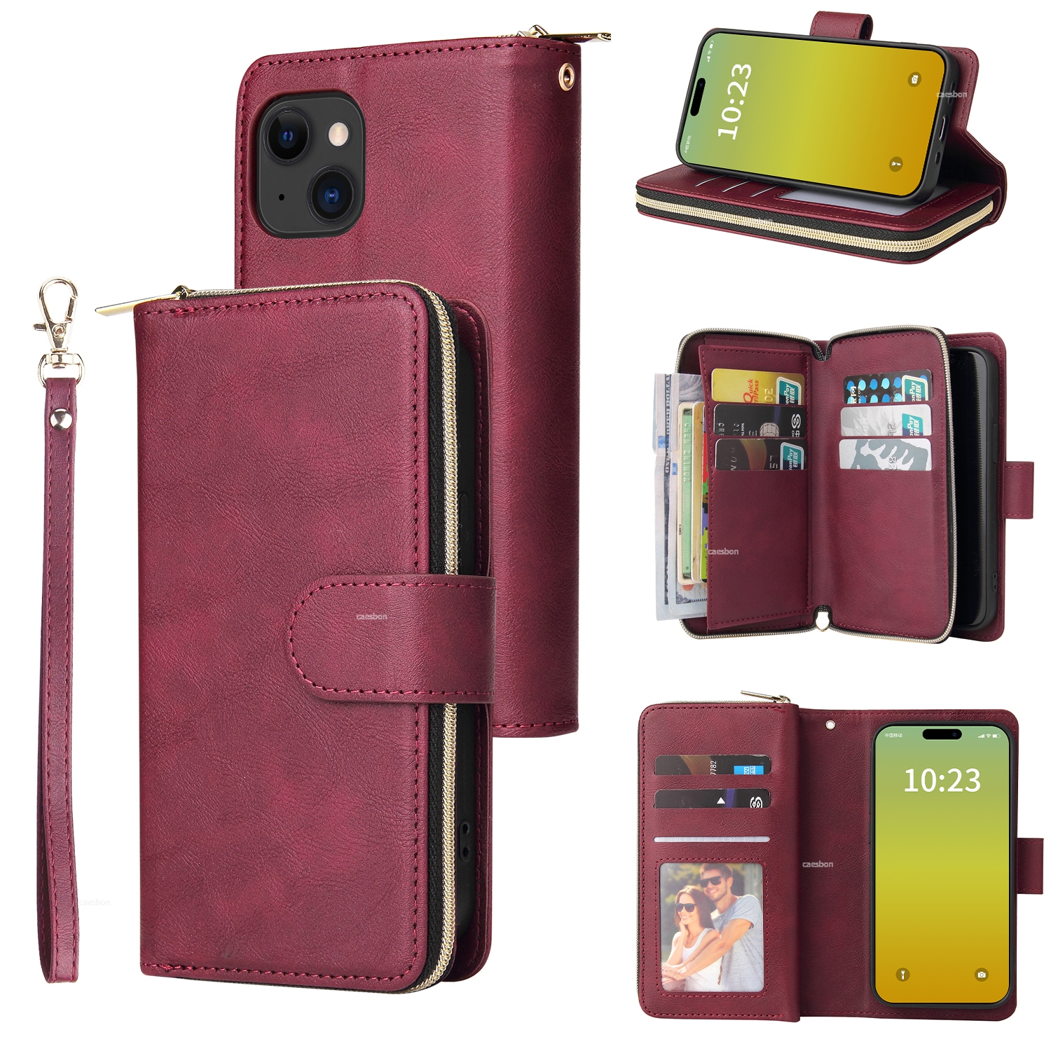 For iPhone 15 9 Card Slots Zipper Wallet Bag Leather Phone Case(Wine Red) For iPhone 15 9 Card Slots Zipper Wallet Bag Leather Phone Case(Wine Red)