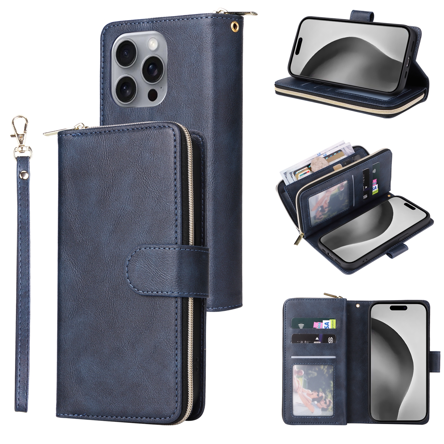 For iPhone 16 Pro Max 9 Card Slots Zipper Wallet Bag Leather Phone Case(Blue) For iPhone 16 Pro Max 9 Card Slots Zipper Wallet Bag Leather Phone Case(Blue)