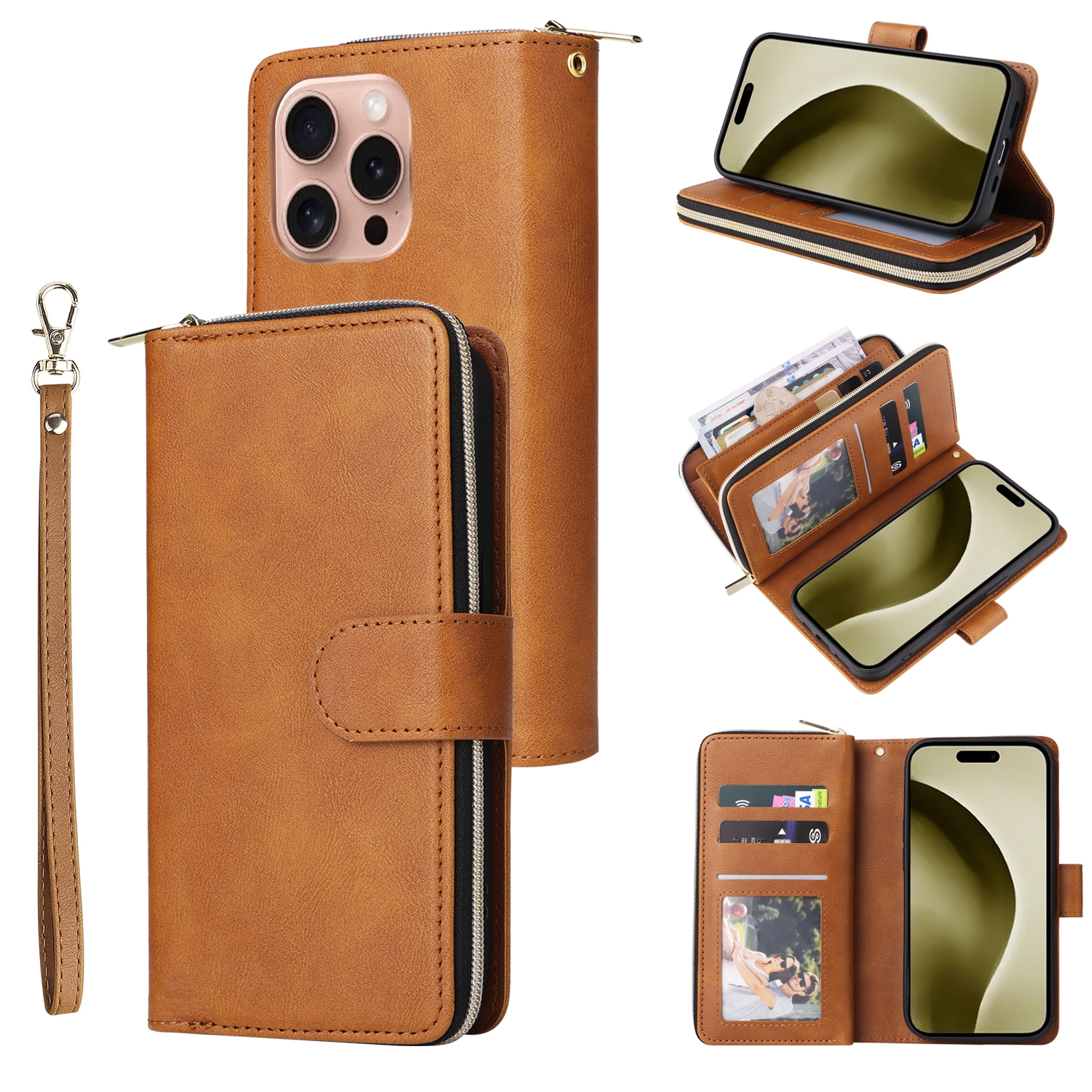 For iPhone 16 Pro 9 Card Slots Zipper Wallet Bag Leather Phone Case(Brown) For iPhone 16 Pro 9 Card Slots Zipper Wallet Bag Leather Phone Case(Brown)