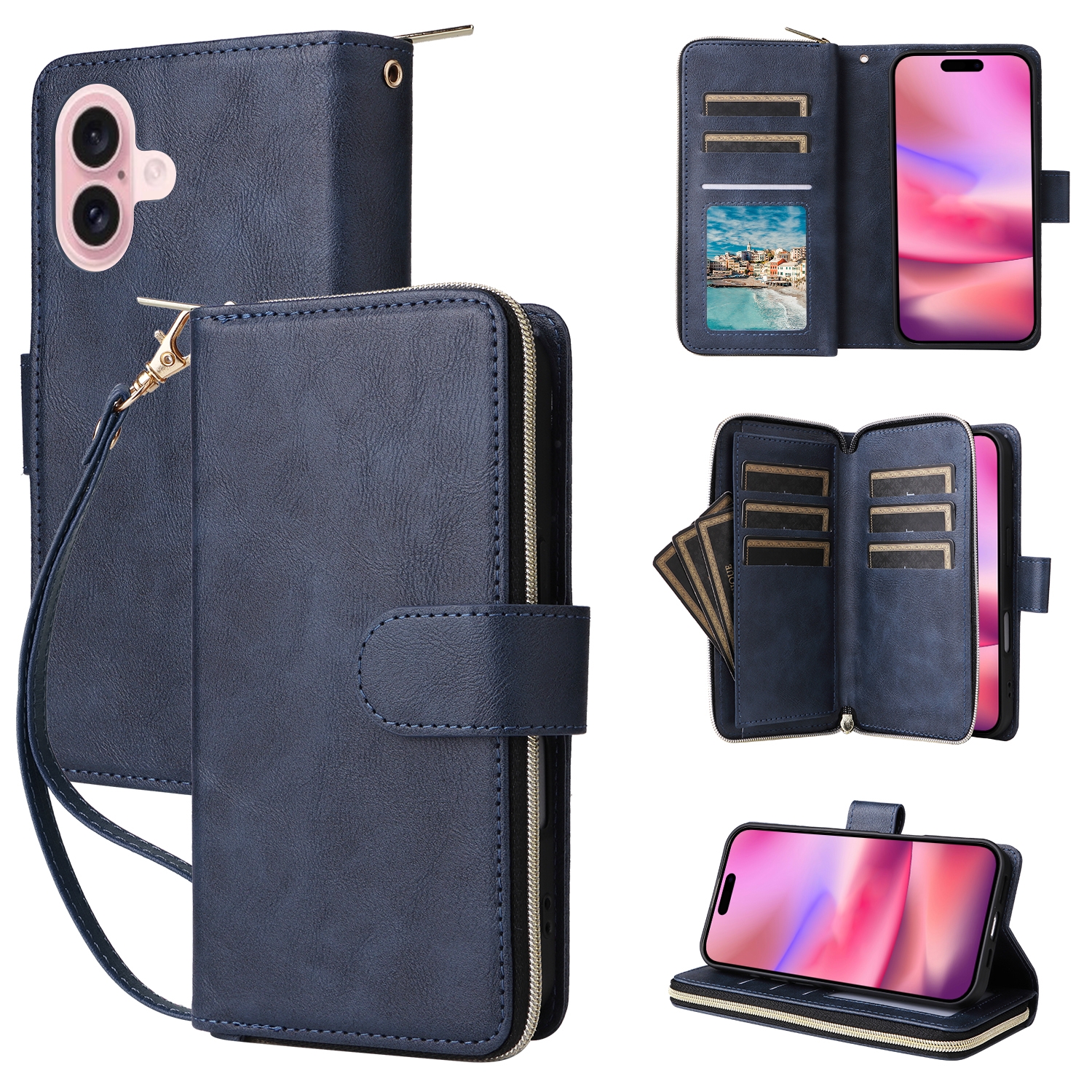 For iPhone 16 9 Card Slots Zipper Wallet Bag Leather Phone Case(Blue) For iPhone 16 9 Card Slots Zipper Wallet Bag Leather Phone Case(Blue)