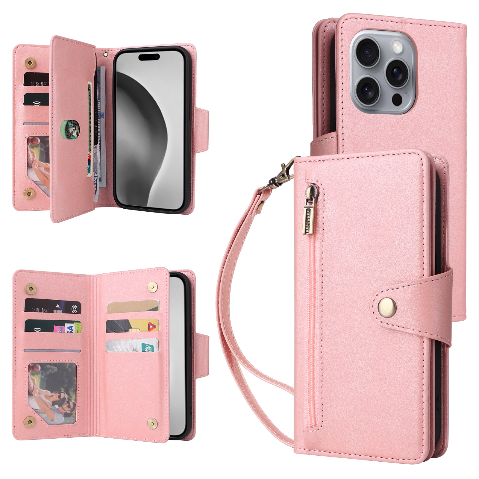 For iPhone 16 Pro Rivet Buckle 9 Cards Three Fold Leather Phone Case(Rose Gold) For iPhone 16 Pro Rivet Buckle 9 Cards Three Fold Leather Phone Case(Rose Gold)