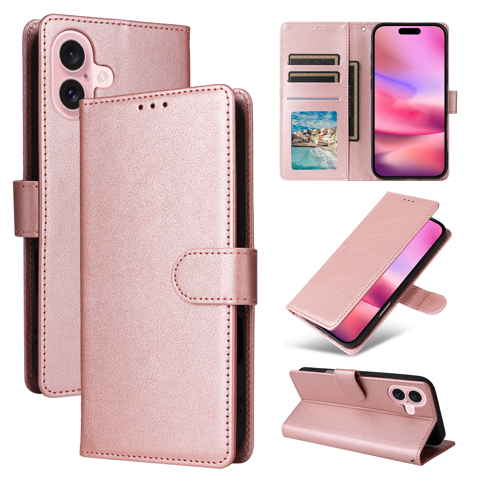 For iPhone 16 Multifunctional Horizontal Flip Leather Phone Case with Three Card Slots(Rose Gold) For iPhone 16 Multifunctional Horizontal Flip Leather Phone Case with Three Card Slots(Rose Gold)