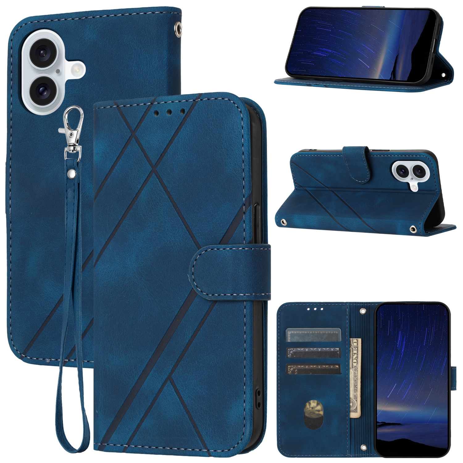 For iPhone 16 Embossed Line Leather Phone Case with Lanyard(Blue) For iPhone 16 Embossed Line Leather Phone Case with Lanyard(Blue)