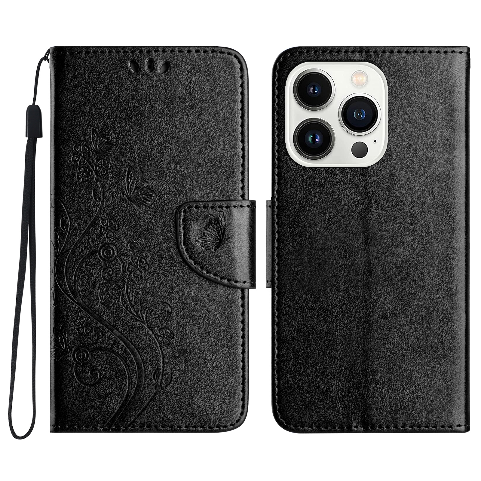 For iPhone 16 Pro Butterfly Flower Pattern Flip Leather Phone Case(Black) For iPhone 16 Pro Butterfly Flower Pattern Flip Leather Phone Case(Black)