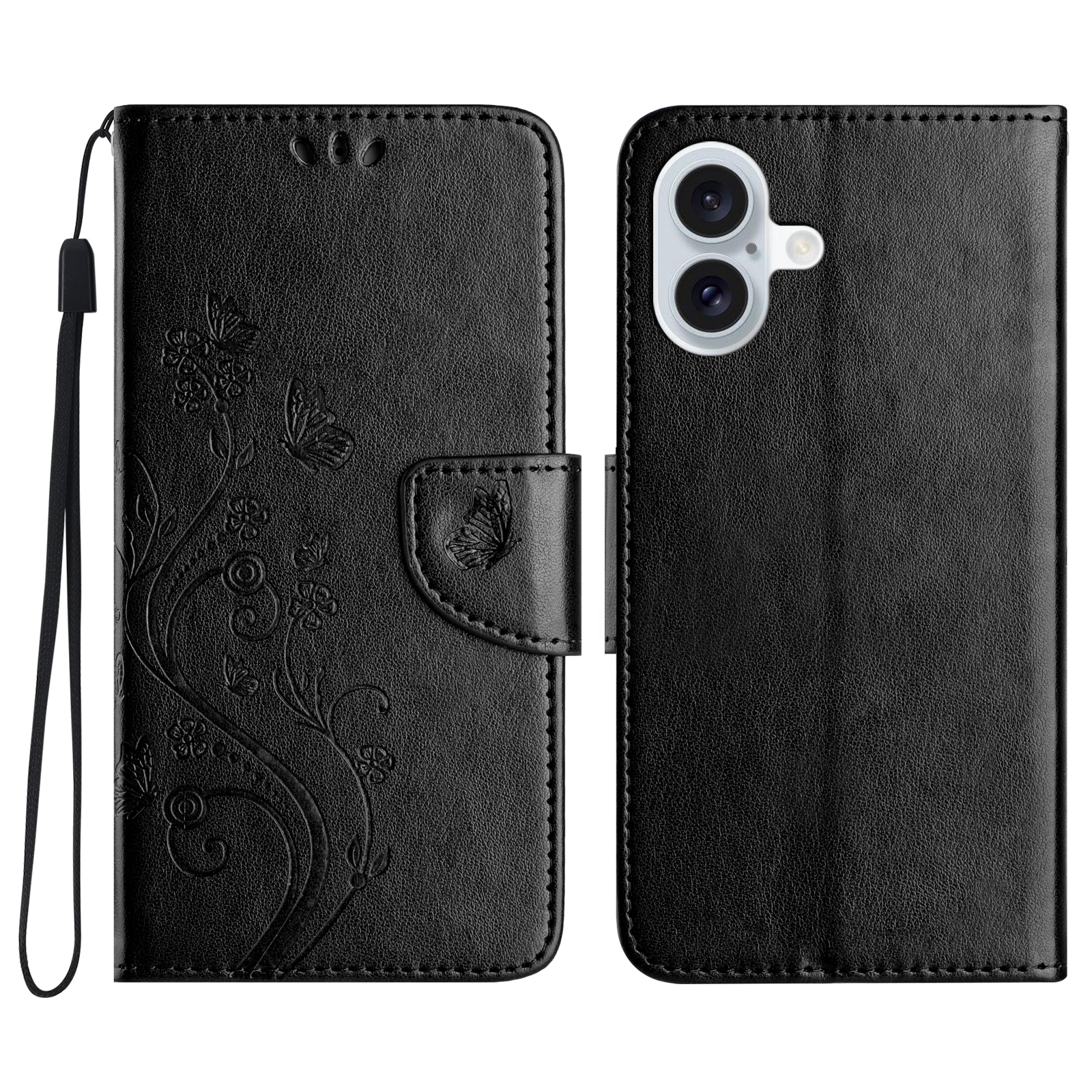 For iPhone 16 Butterfly Flower Pattern Flip Leather Phone Case(Black) For iPhone 16 Butterfly Flower Pattern Flip Leather Phone Case(Black)