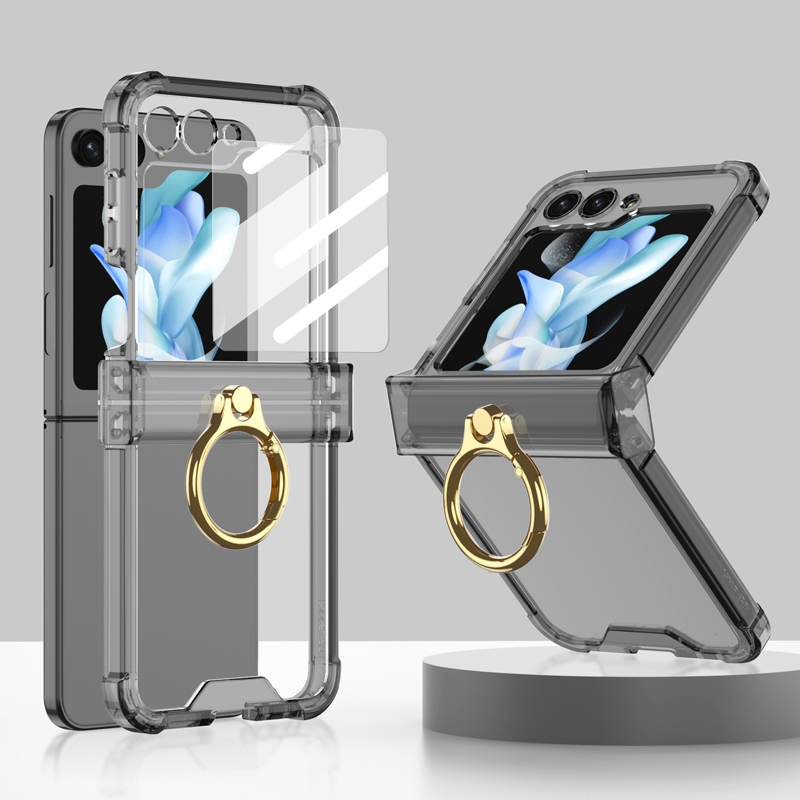 For Samsung Galaxy Z Flip5 Gkk Airbag Hinge Silicone Phone Case with Ring Holder & Tempered Film(Transparent Black) For Samsung Galaxy Z Flip5 Gkk Airbag Hinge Silicone Phone Case with Ring Holder & Tempered Film(Transparent Black)