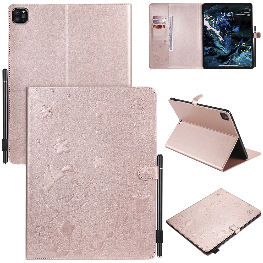 For iPad Pro 12.9 (2020) & (2018) Cat Bee Embossing Pattern Horizontal Flip Leather Tablet Case with Holder & Card Slots & Wallet & Pen Slot(Rose Gold) For iPad Pro 12.9 (2020) & (2018) Cat Bee Embossing Pattern Horizontal Flip Leather Tablet Case with Holder & Card Slots & Wallet & Pen Slot(Rose Gold)