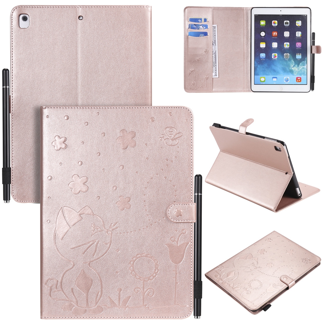 For iPad Air 2 / Air / 9.7 (2018) & (2017) Cat Bee Embossing Pattern Horizontal Flip Leather Case with Holder & Card Slots & Wallet & Pen Slot & Wake-up / Sleep Function(Rose Gold) For iPad Air 2 / Air / 9.7 (2018) & (2017) Cat Bee Embossing Pattern Horizontal Flip Leather Case with Holder & Card Slots & Wallet & Pen Slot & Wake-up / Sleep Function(Rose Gold)