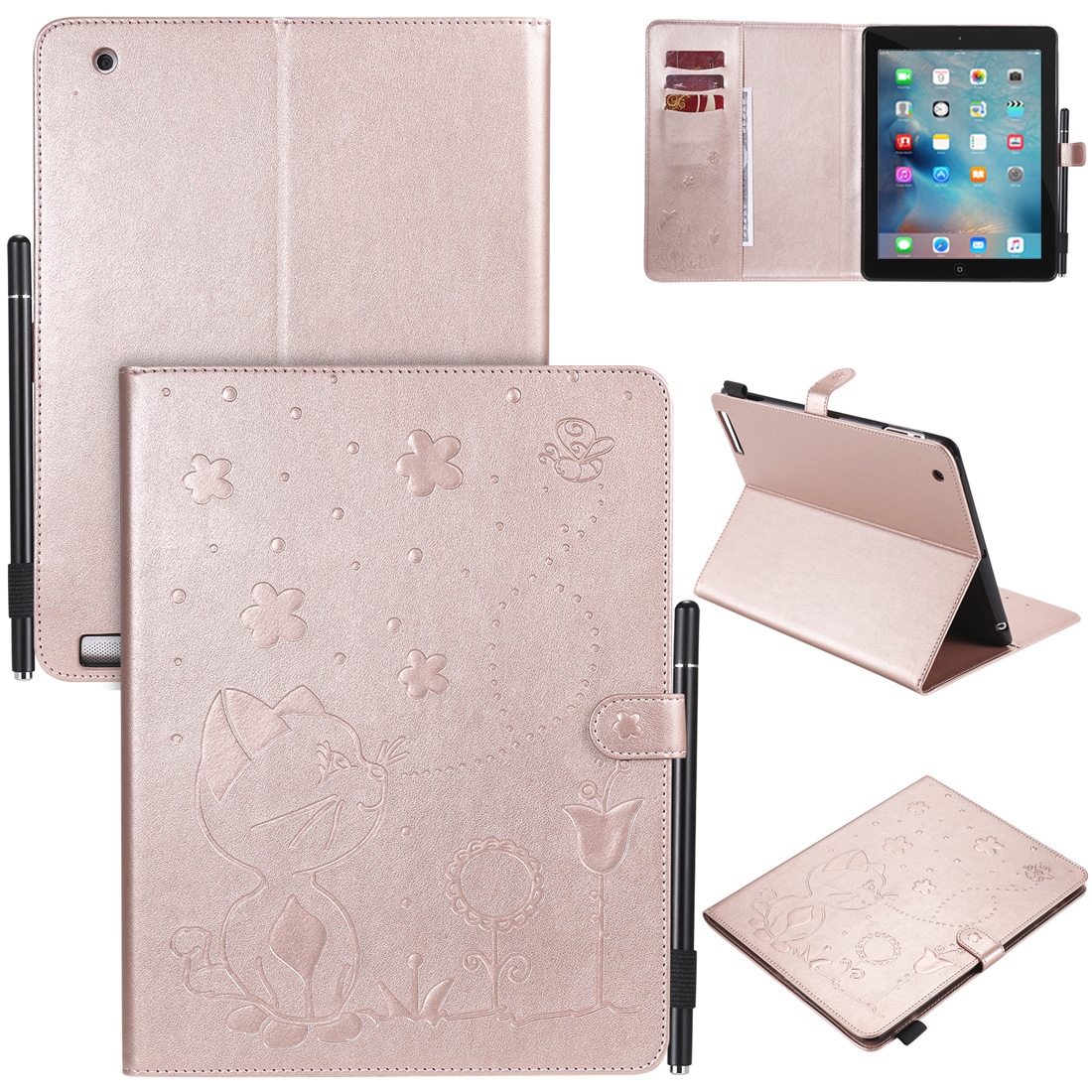 For iPad 4 / 3 / 2 Cat Bee Embossing Pattern Horizontal Flip Leather Case with Holder & Card Slots & Wallet & Pen Slot & Wake-up / Sleep Function(Rose Gold) For iPad 4 / 3 / 2 Cat Bee Embossing Pattern Horizontal Flip Leather Case with Holder & Card Slots & Wallet & Pen Slot & Wake-up / Sleep Function(Rose Gold)