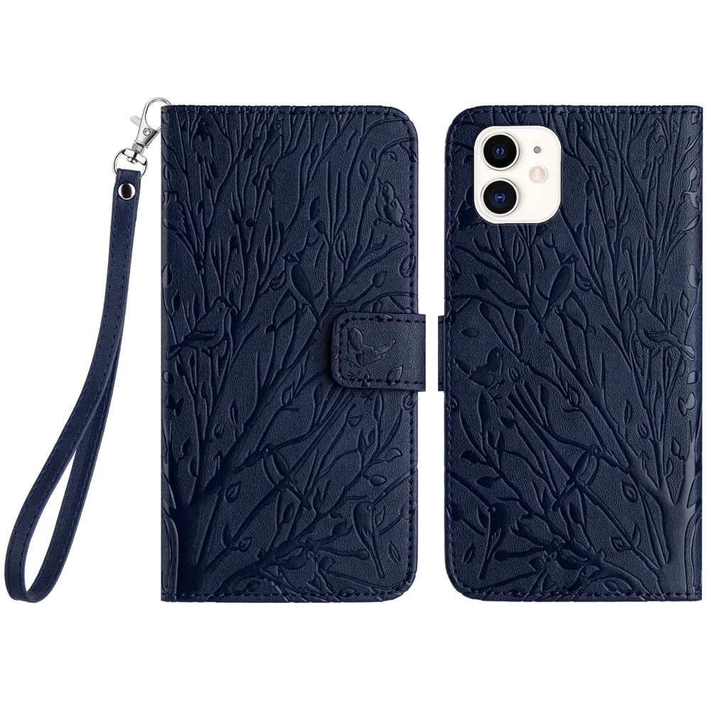 For iPhone 12 Tree Birds Embossed Pattern Leather Phone Case(Blue) For iPhone 12 Tree Birds Embossed Pattern Leather Phone Case(Blue)