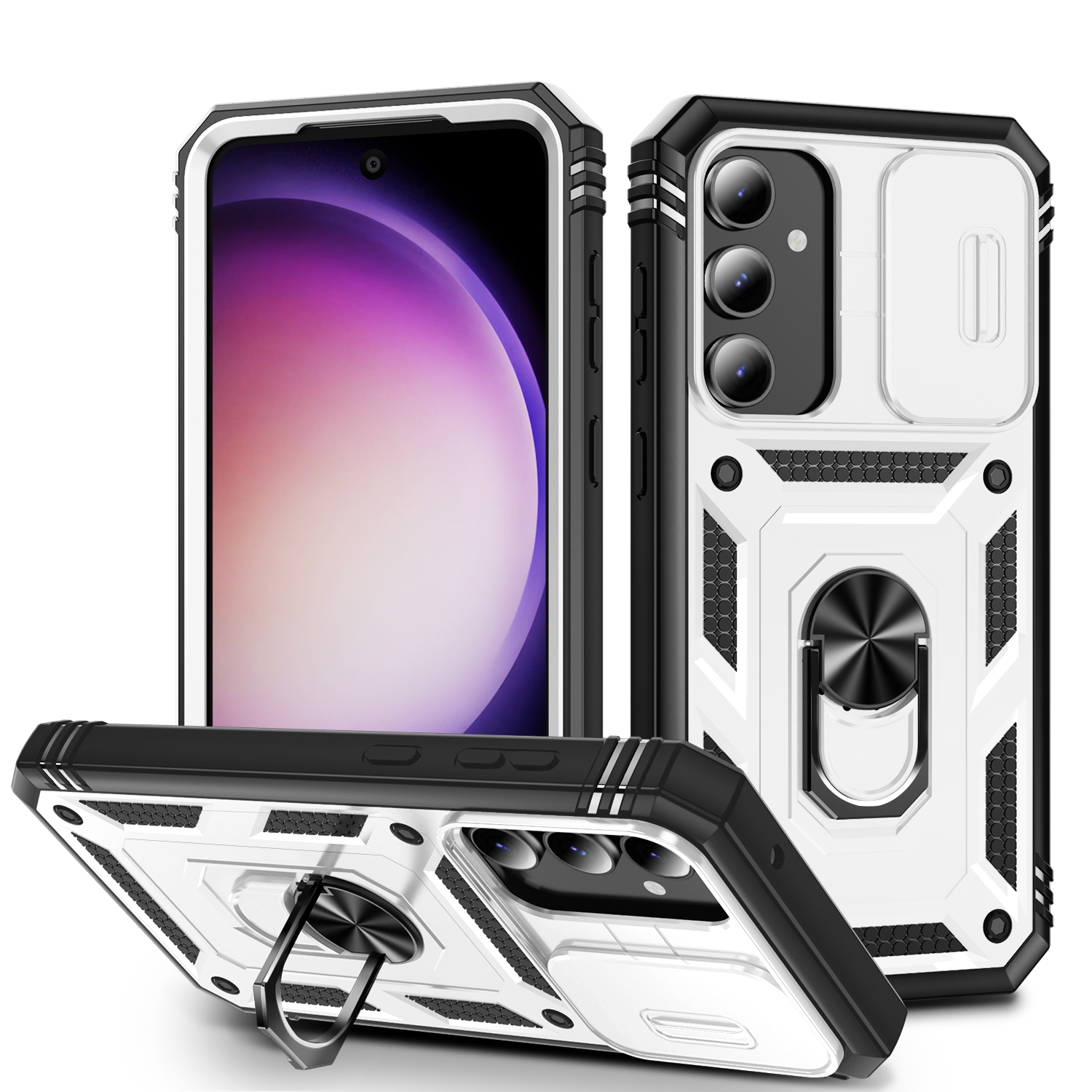 For Samsung Galaxy S23 FE 5G Sliding Camshield TPU + PC Phone Case with Holder(White+Black) For Samsung Galaxy S23 FE 5G Sliding Camshield TPU + PC Phone Case with Holder(White+Black)