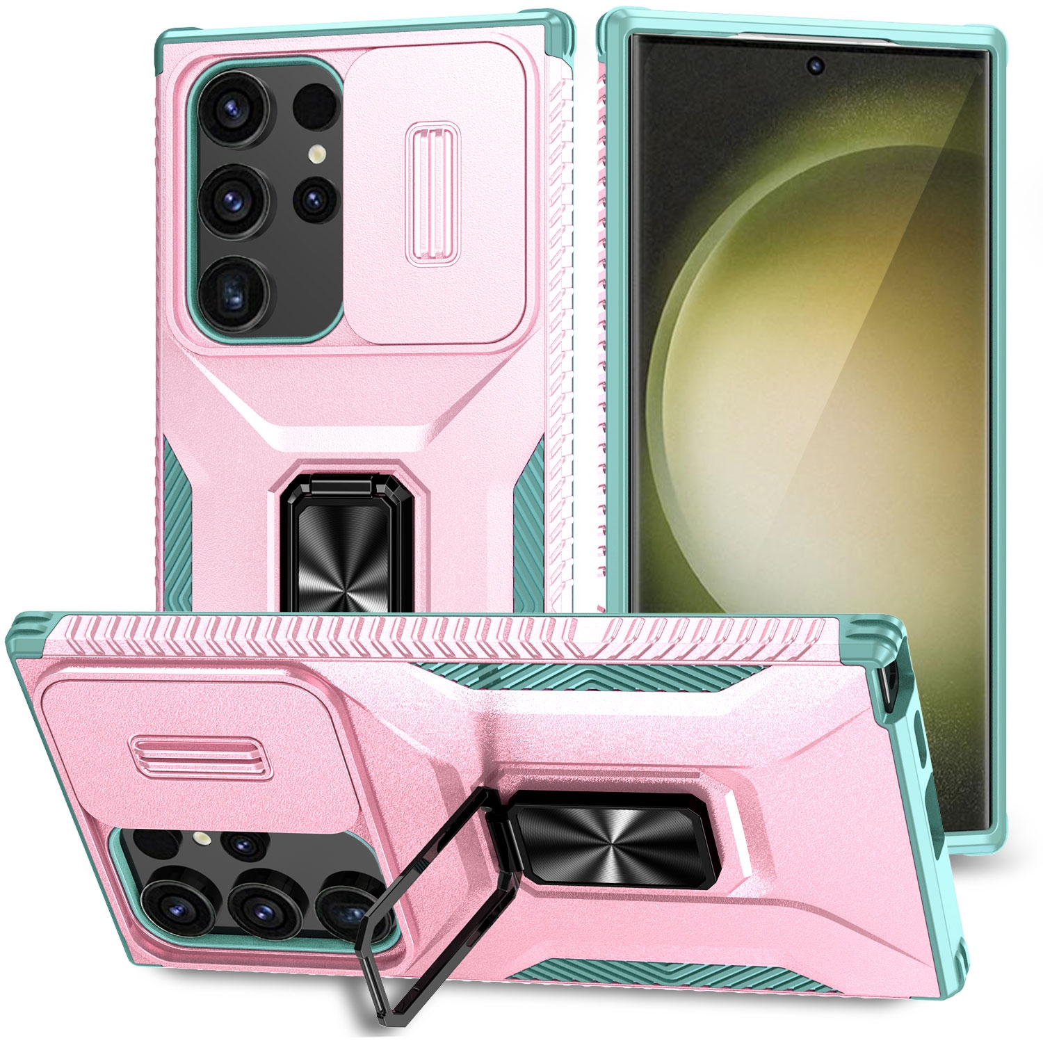 For Samsung Galaxy S24 Ultra 5G Sliding Camshield Holder Phone Case(Pink + Grey Green) For Samsung Galaxy S24 Ultra 5G Sliding Camshield Holder Phone Case(Pink + Grey Green)