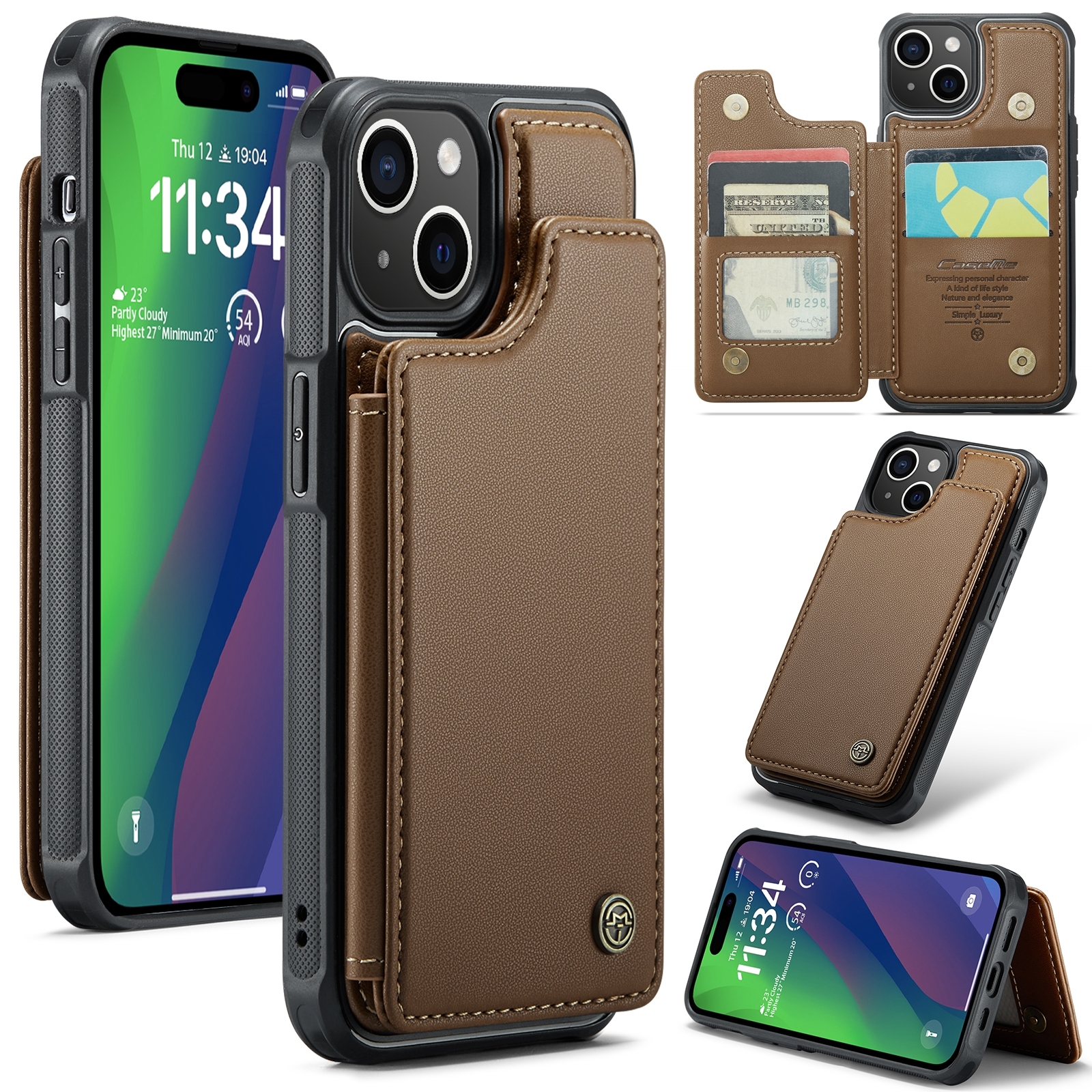 For iPhone 15 CaseMe C22 Card Slots Holder RFID Anti-theft Phone Case(Brown) For iPhone 15 CaseMe C22 Card Slots Holder RFID Anti-theft Phone Case(Brown)