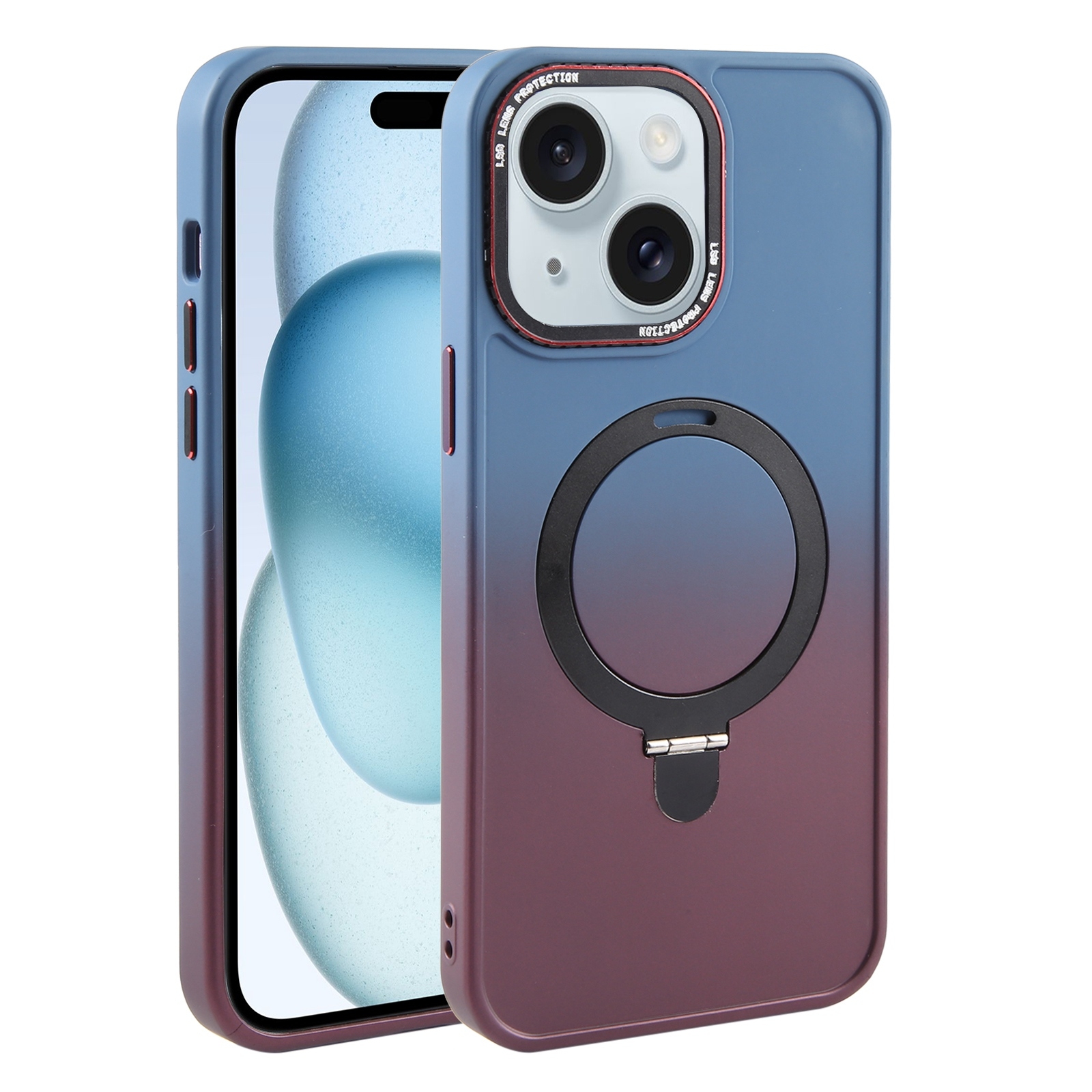 For iPhone 15 Plus Gradient MagSafe Holder Liquid TPU Hybrid PC Phone Case(Blue Wine Red) For iPhone 15 Plus Gradient MagSafe Holder Liquid TPU Hybrid PC Phone Case(Blue Wine Red)